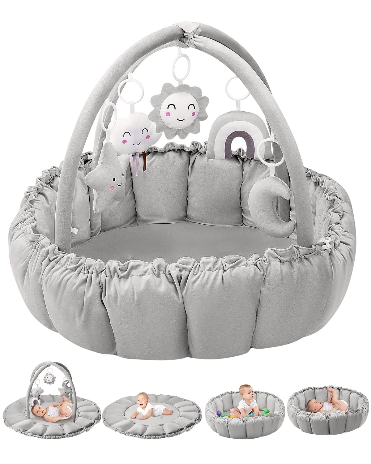 5-in-1 Convertible Baby Gym Play Mat with Hanging Toys, Soft Padded Activity Center & Ball Pit, Plush Tummy Time Mat for Newborns to Toddlers, Machine Washable, Gray