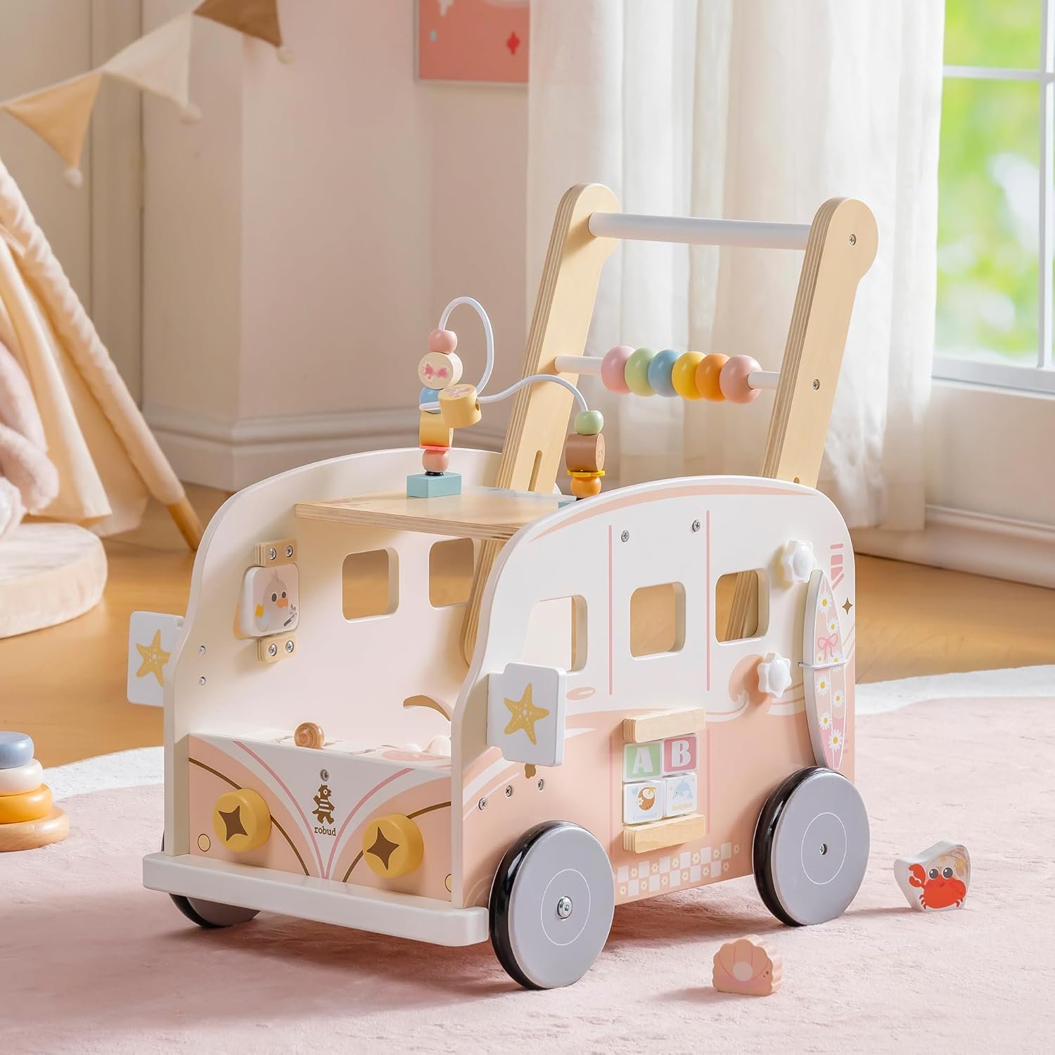 ROBUD Wooden Baby Walker, Height & Speed Adjustable Baby Push Walker with Anti-Slip Wheels, Developmental Activity Center with Ocean Vacation Theme, Wooden Walkers for Babies Learing to Walk，Pink