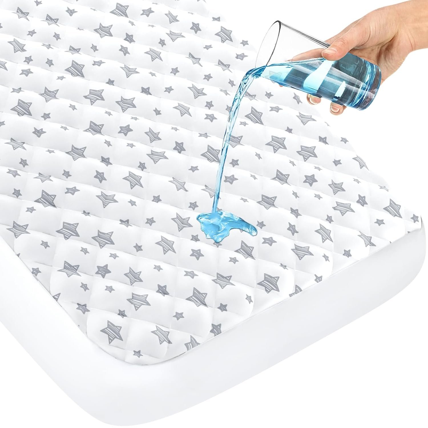 Crib Mattress Protector Waterproof, Quilted Crib Mattress Pad Cover 52″ x 28″ Extra Soft Breathable Toddler Bed Cover Stretch Up to 8″, White Star