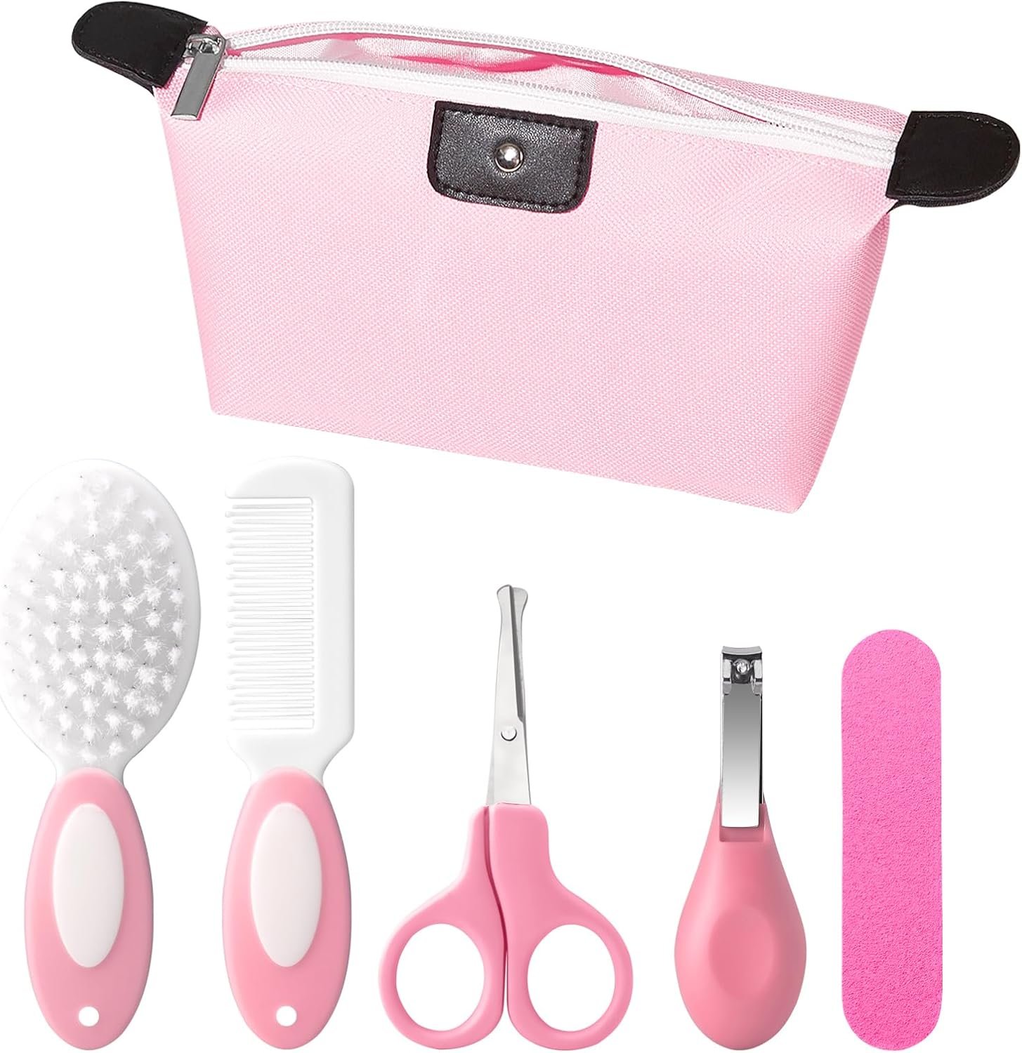 5-Piece Baby Grooming Kit with Multi-Use Storage Pouch – Infant Brush,Rounded Comb,Scissors,Nail Clippers & Emery Board -Essentials for Newborn Care & Travel Pink