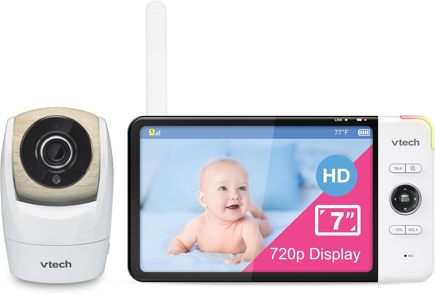 VTech Baby Monitor, No WiFi Secure Transmission – 7″ 720p HD Screen, 15-Hour Battery, 360° Pan Tilt Zoom, 110° Wide Angle, Night Vision, 1000ft Range | VM919HD
