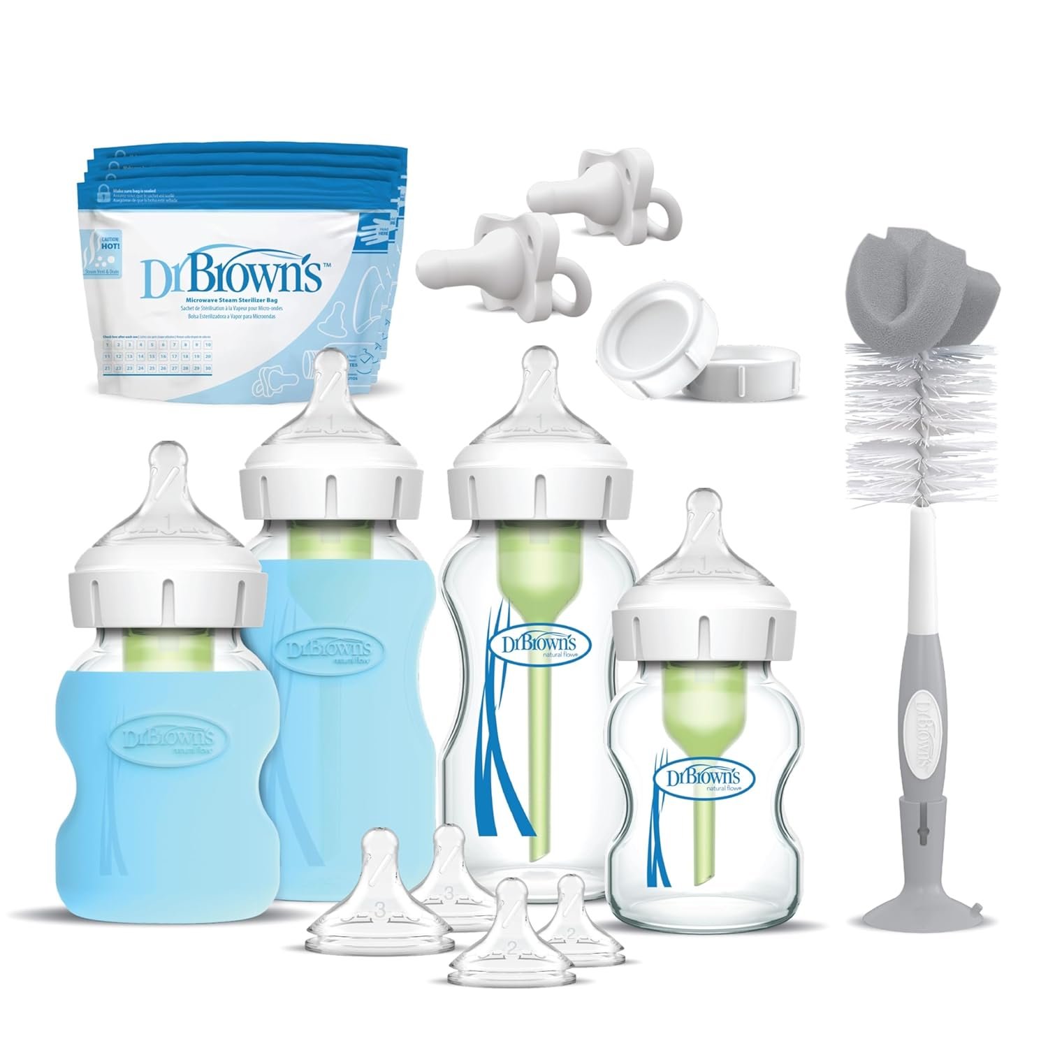 Dr. Brown’s Anti-Colic Options+ Wide-Neck Glass Baby Bottle Starter Set – Silicone Bottle Sleeves, Level 1, 2, 3 Nipples, HappyPacis, Storage Caps, Bottle Brush (Packaging May Vary)