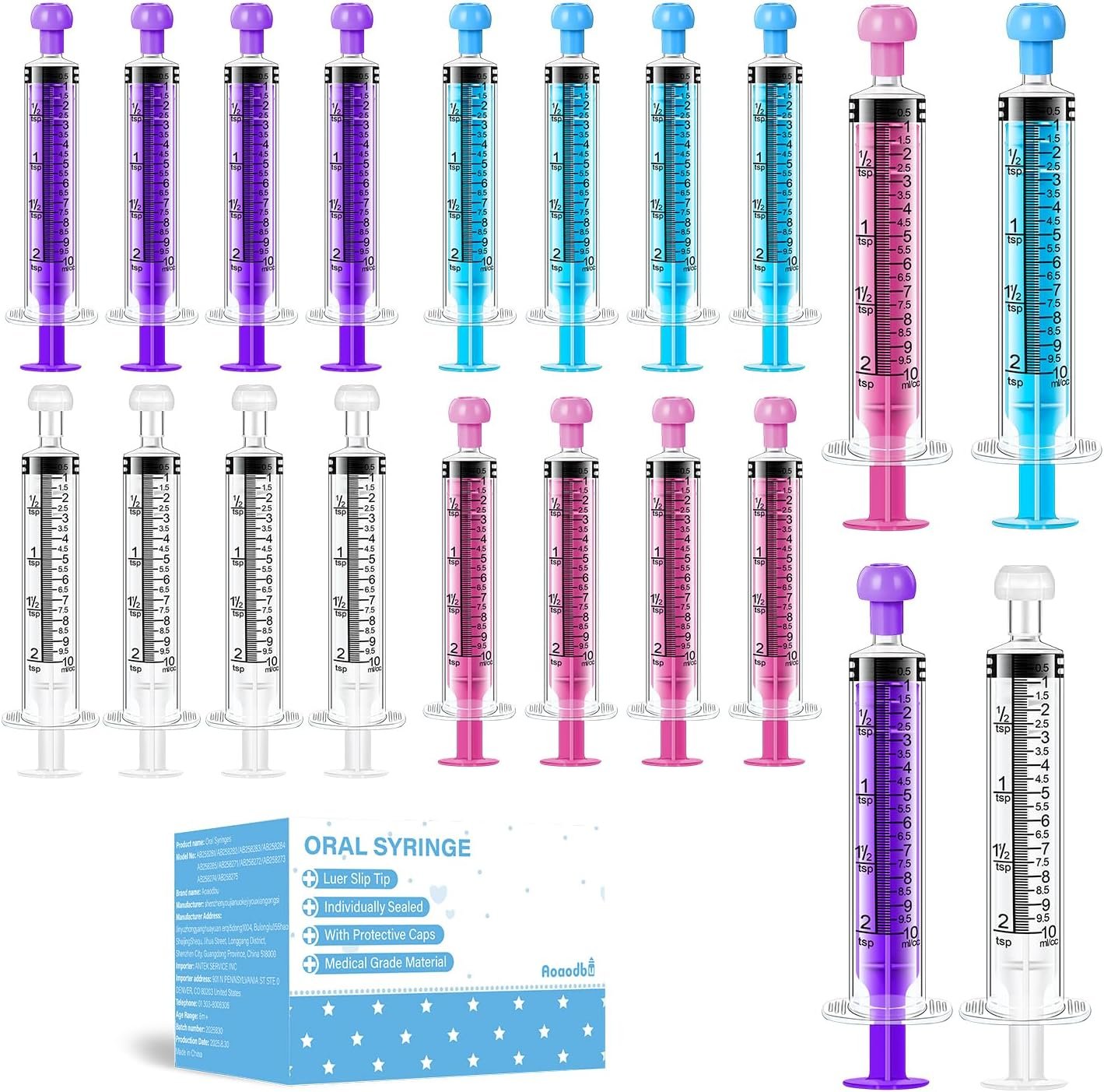20Pcs 10ml Children Oral Syringes, Liquid Plastic Syringe,Colorful Measuring Tools Individually Sealed for Feeding,Baby Medicine Syringes with Caps (Multicolor)