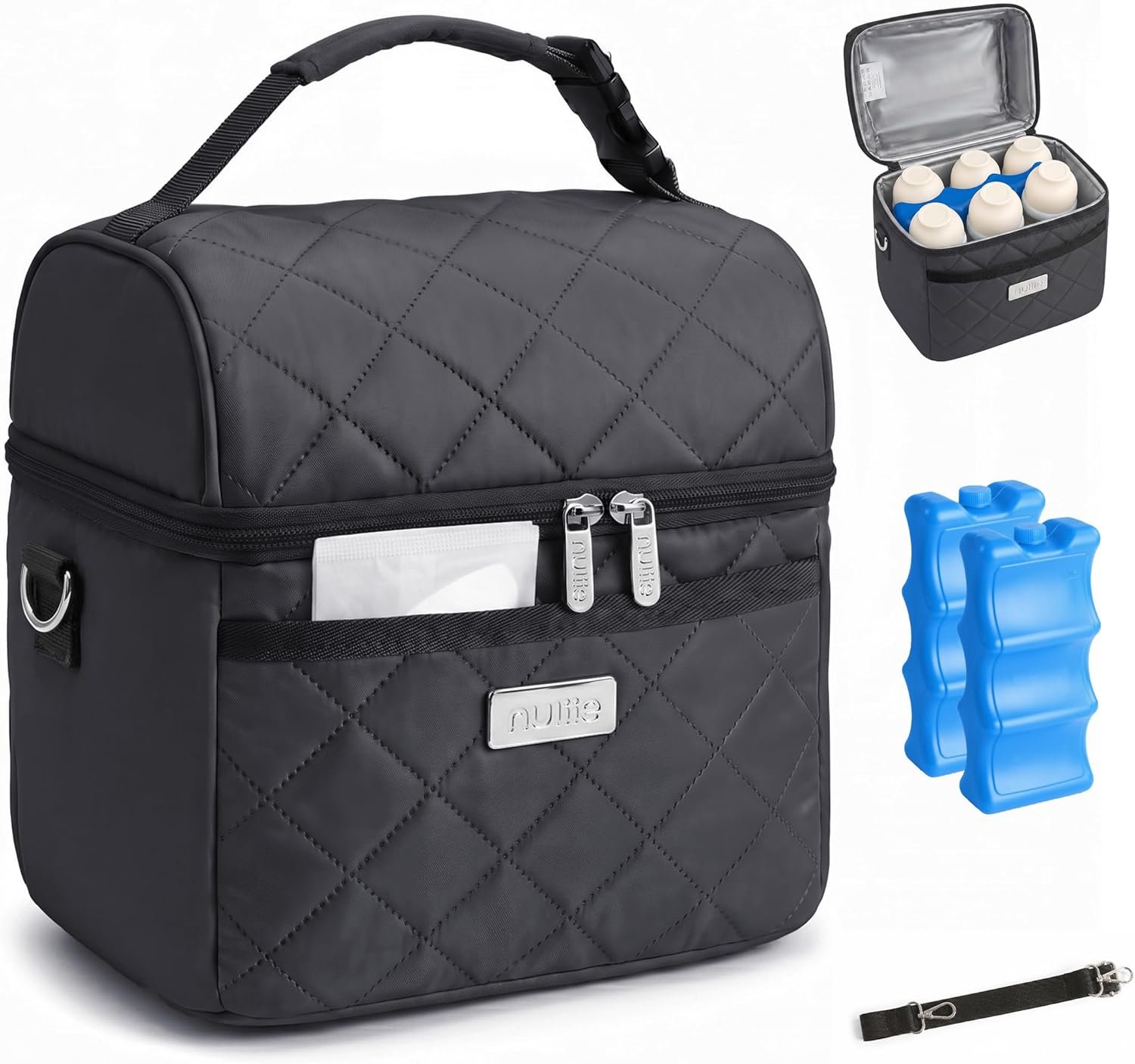 Nuliie Breastmilk Cooler Bag with 2 Ice Packs, Fits 6 Baby Bottles Up to 10 Ounce, Four Layer Insulated Baby Bottle Bag for Daycare, Breast Milk Cooler with Pocket, Strap & Buckle, Waterproof, Grey