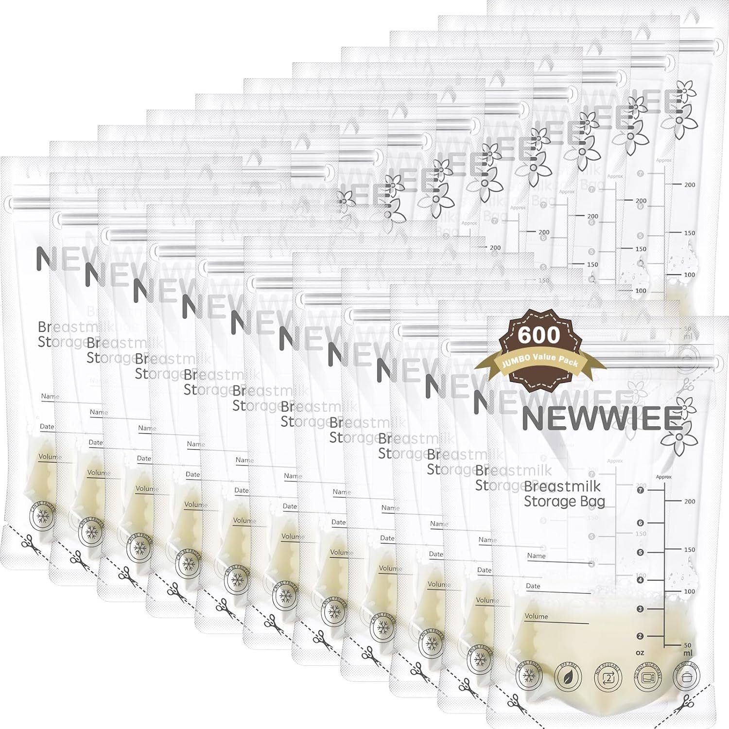 600 Count Breastmilk Storage Bags 7oz Breast Milk Bags for Breastfeeding Self Standing Breastmilk Storing No Leak Double Seal Freezer Storage for Refrigeration and Freezing(Gray)