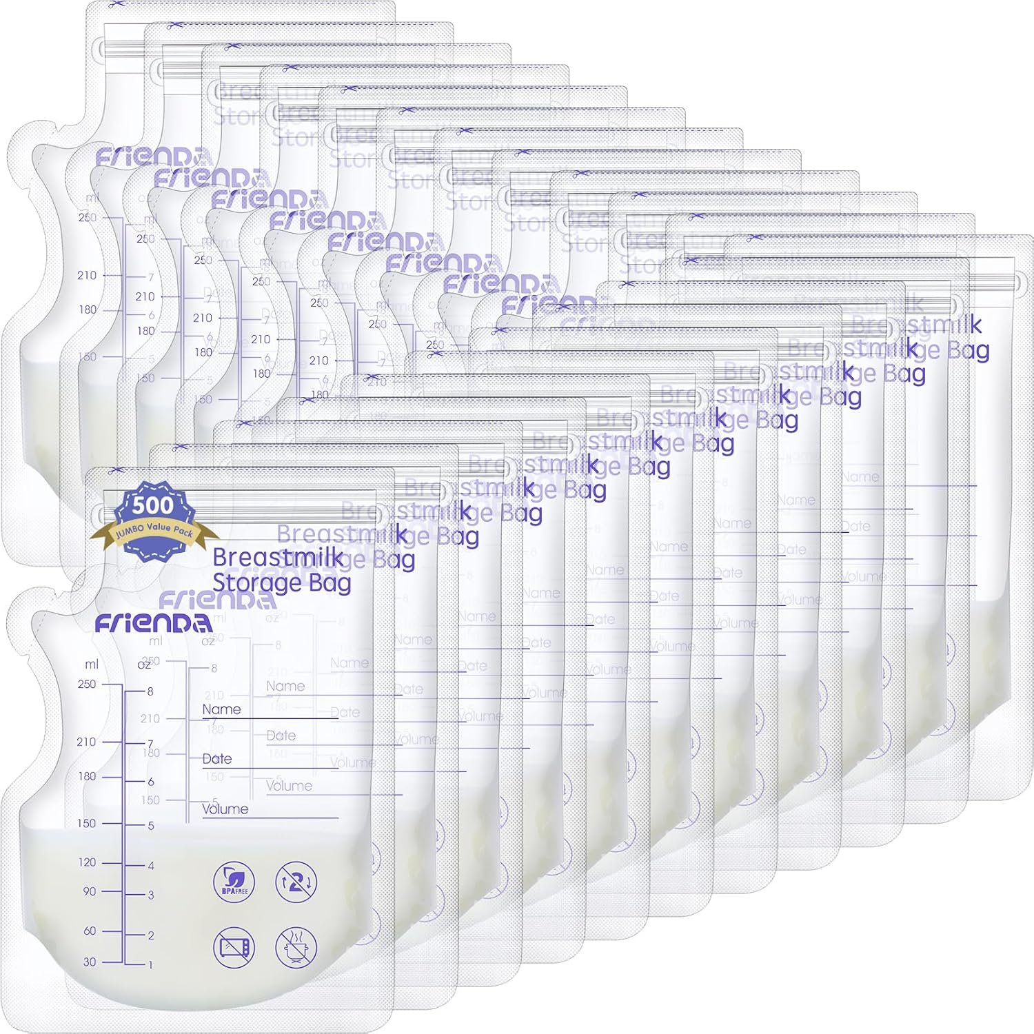 Woanger 500 Count Breastmilk Storage Bags 8 oz Breast Milk Storing Bags Self Standing Milk Storage Bags for Breastfeeding Milk Freezer Bag with Pour Spout No Leak Double Seal Breastmilk Storing Bags
