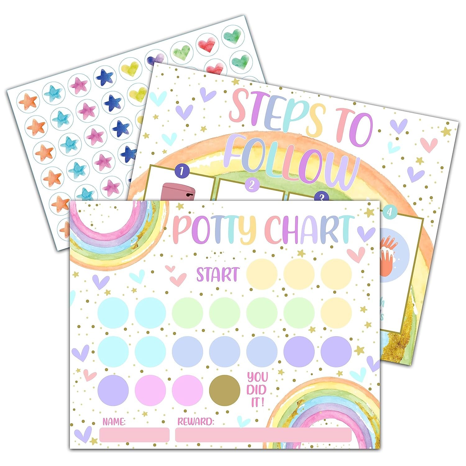 Rainbow Potty Training Sticker Chart, 10 Potty Charts with 216 Round Stickers & 1 Instruction Sheet, Potty Reward Sticker Chart for Toddlers Girls – A16