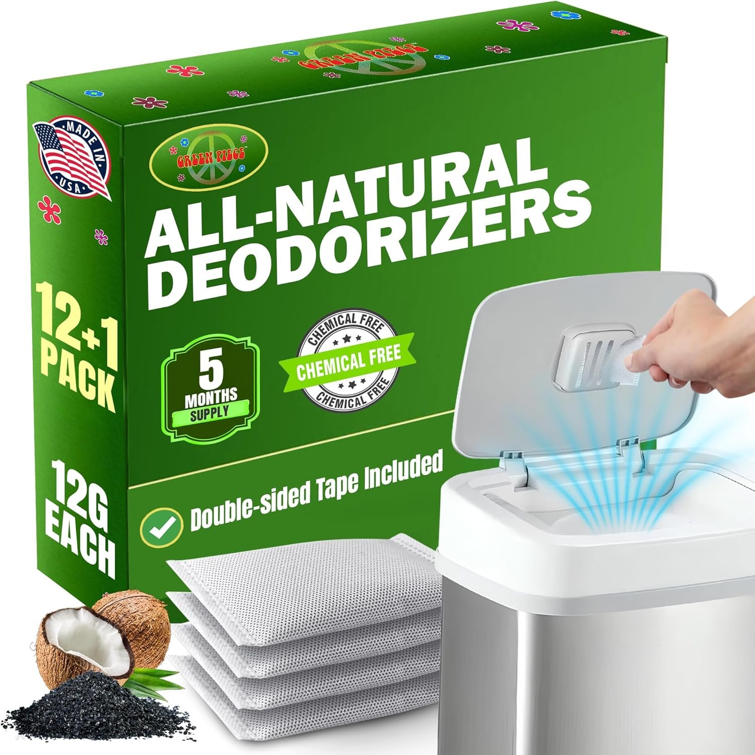 Green Piece® Pack of 12 +1 – Compatible with Diaper Genie – All Natural Baby Diaper Pail Deodorizer – Overstuffed – Activated Charcoal Air Purifier – * Made by Green Piece in the USA