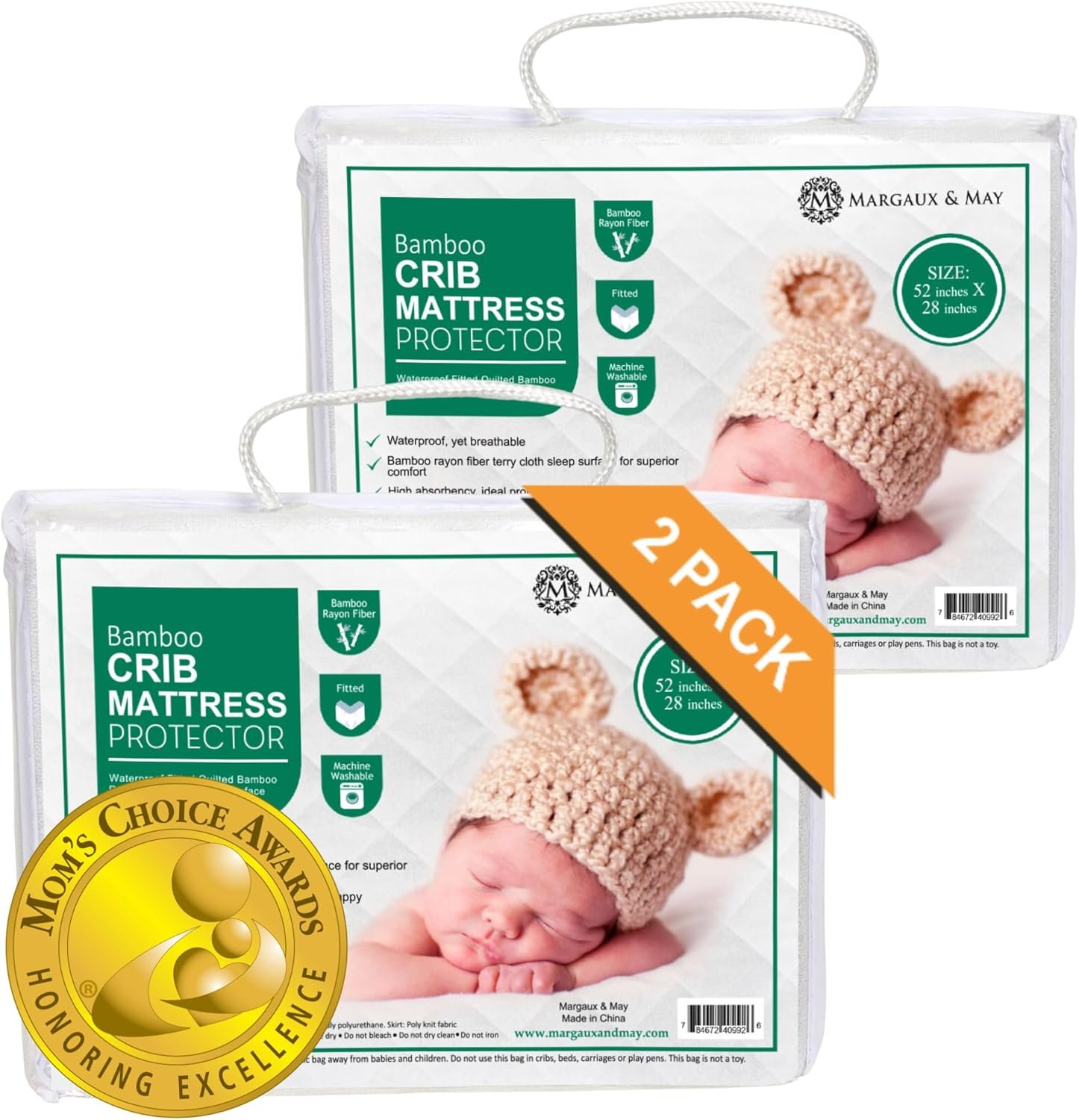 Margaux & May Crib Mattress Protector, 2 Pack – 100% Waterproof Baby Crib Mattress Protector Pad, Highly Absorbent Quilted Cover, Oeko-TEX® Certified, Noiseless, Fitted 28″ x 52″ Standard Crib Fit