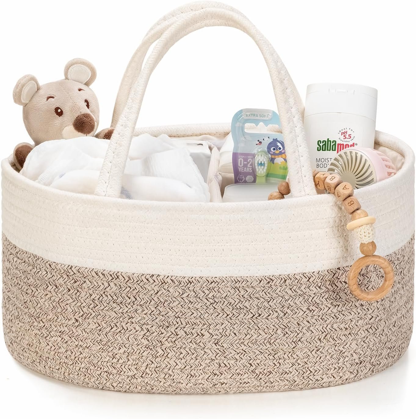 Diaper Caddy Organizer, Empty Gift Basket for Newborn Essentials, Baby Storage Basket, Stylish Gift Bag for Baby Shower, Boys and Girls – Small, White&Beige Brown