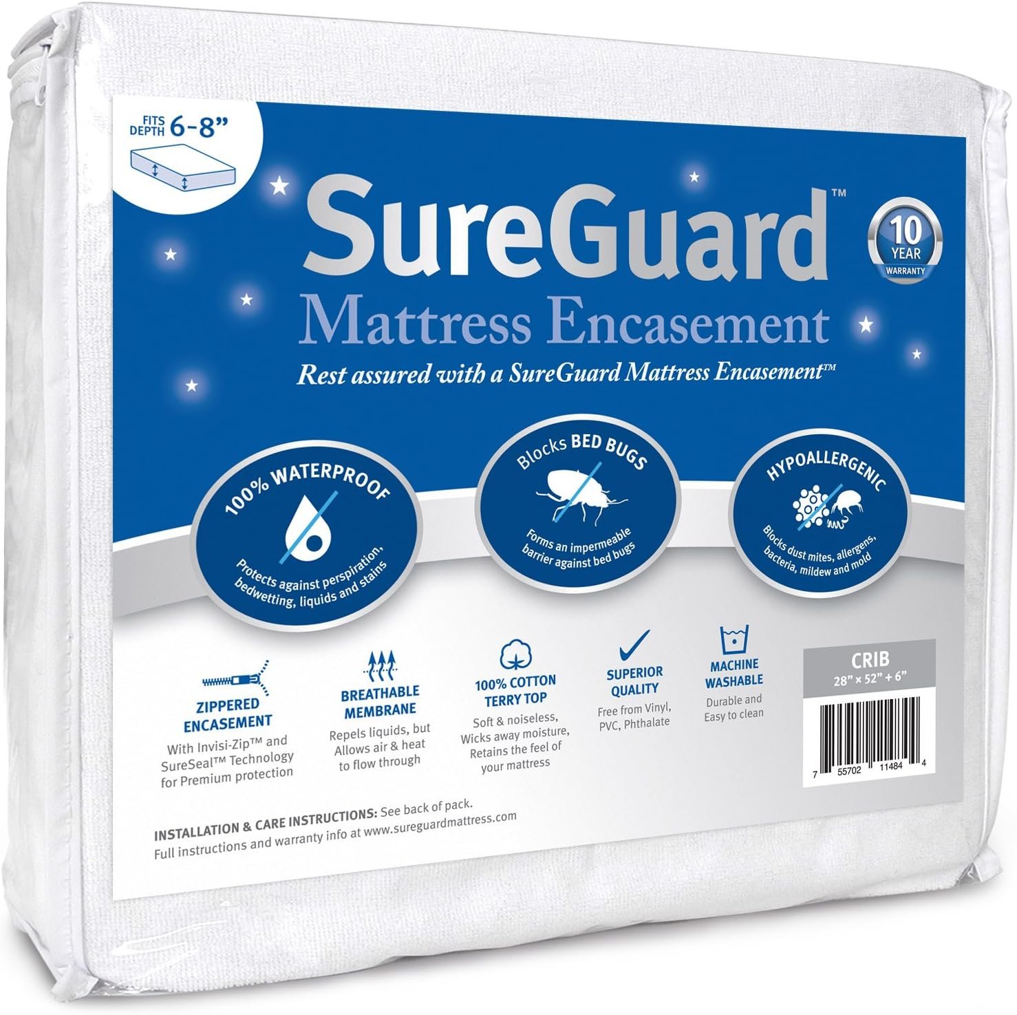 Crib Size SureGuard Mattress Encasement – 100% Waterproof, Bed Bug Proof, Hypoallergenic – Premium Zippered Six-Sided Cover
