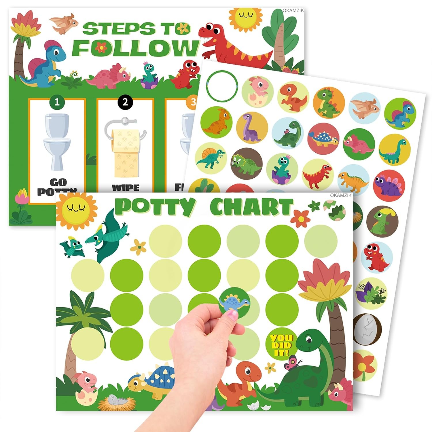 Potty Training Chart for Boys, Dinosaur, 8.3 x 11.2 inches, 10 Pack Chart with 5 Pack Reward Stickers