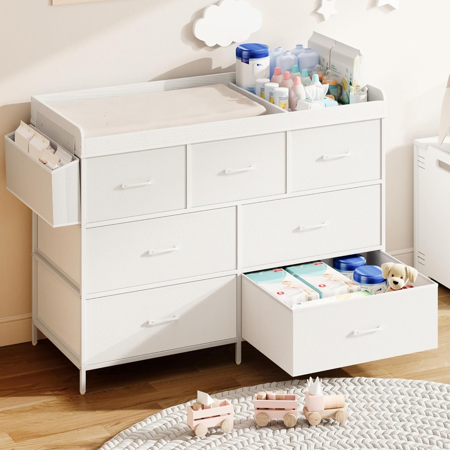 St.Mandyu Baby Changing Table, Multi-Functional Baby Dresser with Changing Table Top, Waterproof Baby Changing Station with 7 Fabric Storage Drawers, Modern Nursery Dresser for Bedroom (White)