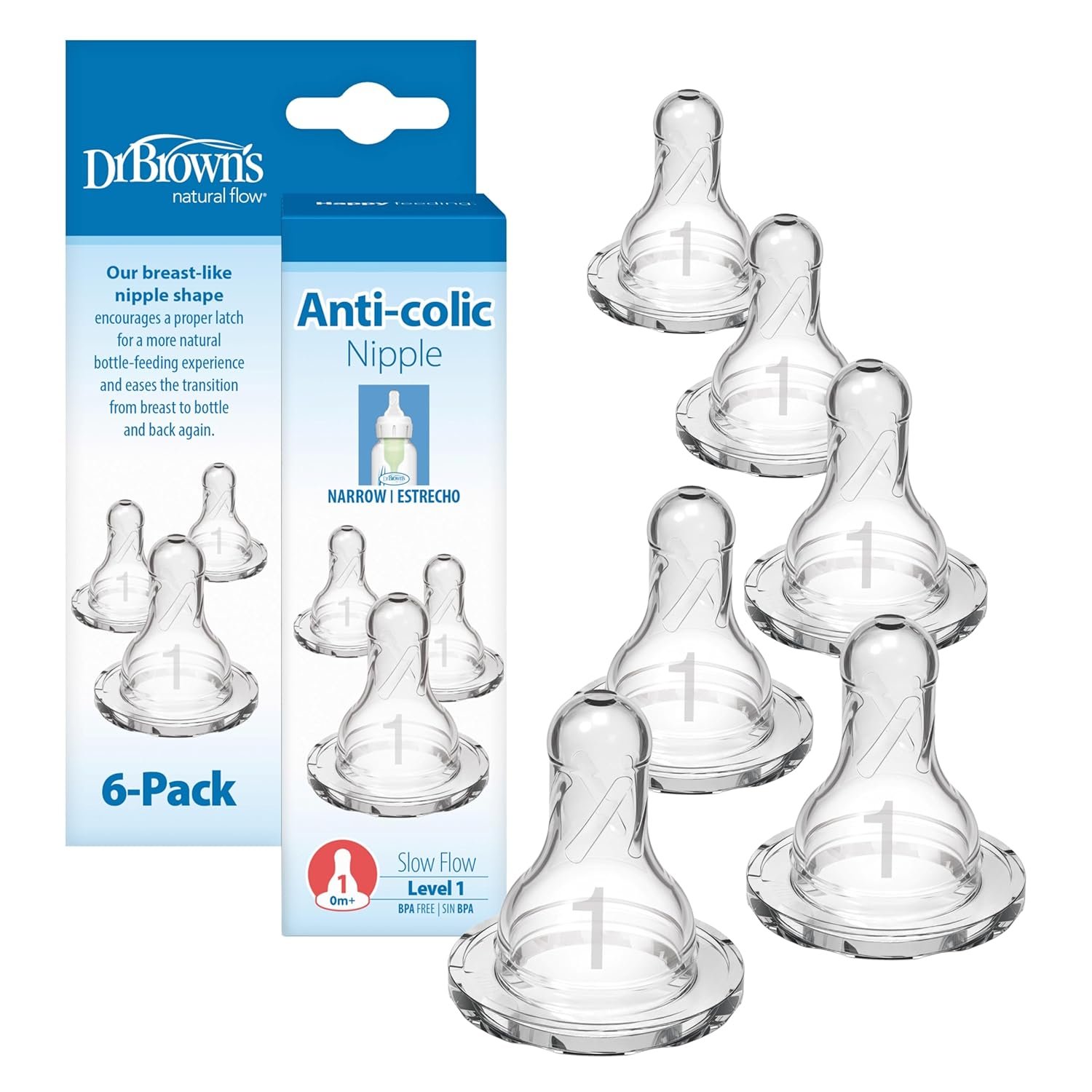 Dr. Brown’s Natural Flow Level 1 Narrow Baby Bottle Silicone Nipple, Slow Flow, 0m+, 100% Silicone Bottle Nipple, 6 Count (Pack of 1)