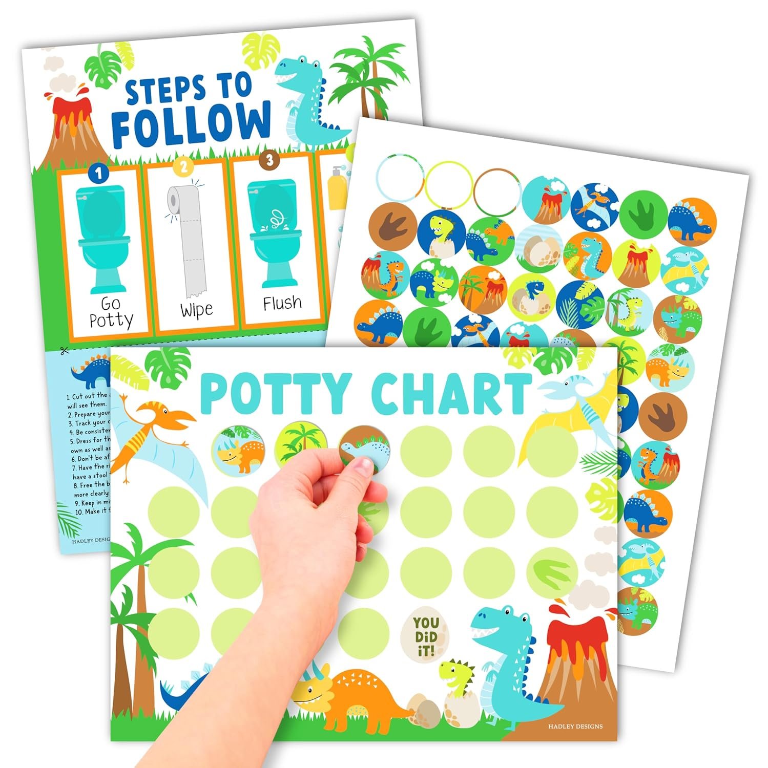 Hadley Designs Potty Training Chart for Toddlers Boys -10 Sticker Potty Chart for Toddlers Boys, 8.5×11″ Potty Training Sticker Charts for Toilet Success, Dinosaur Toddler Reward Chart for Kids