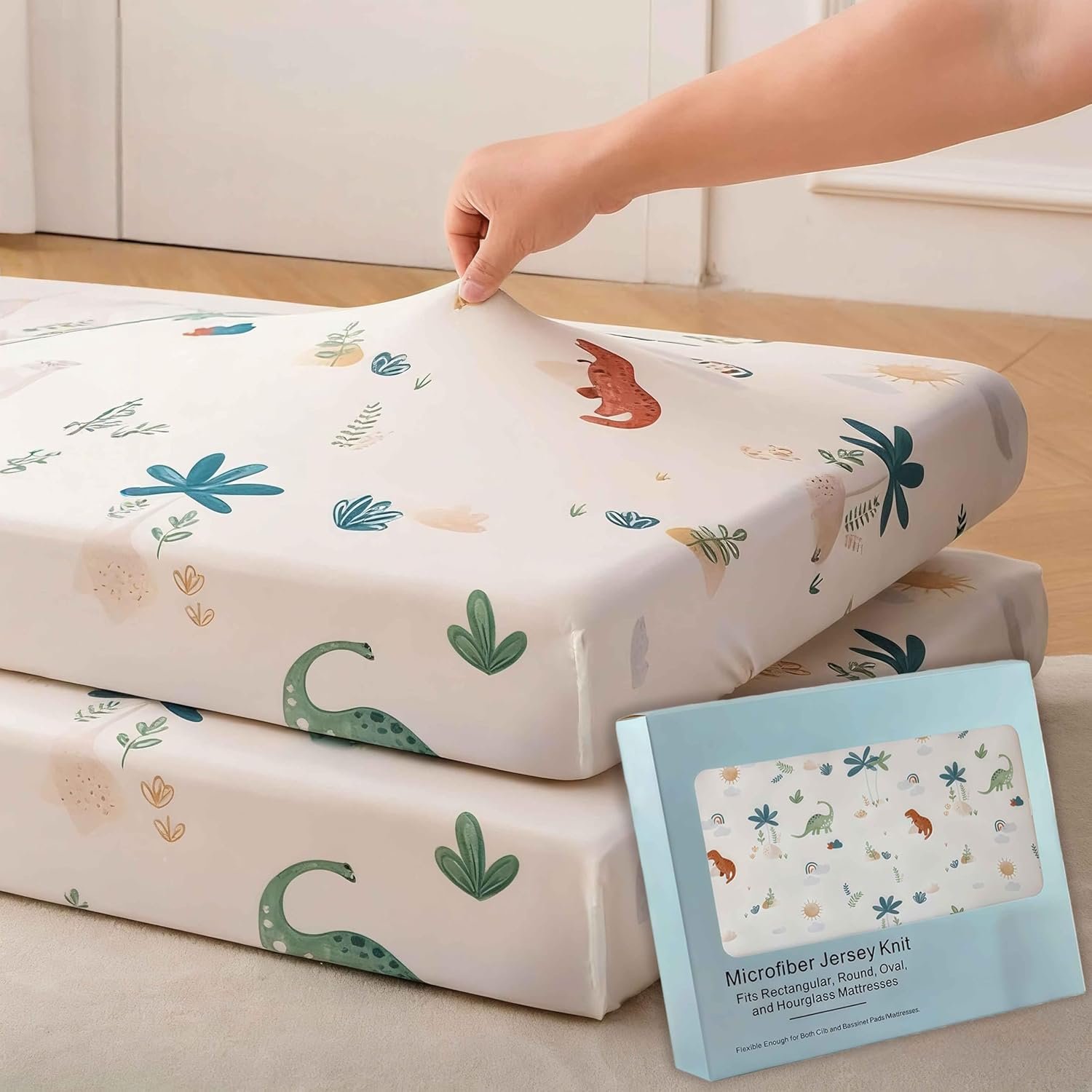 SDY Jersey Dinosaur Crib Sheets for Baby Boys and Girls,52”x28”x8, 2 Pack, Cute Kawaii Standard Oval/Retangle Fitted Crib Sheets for Toddler,Super Soft Breathable