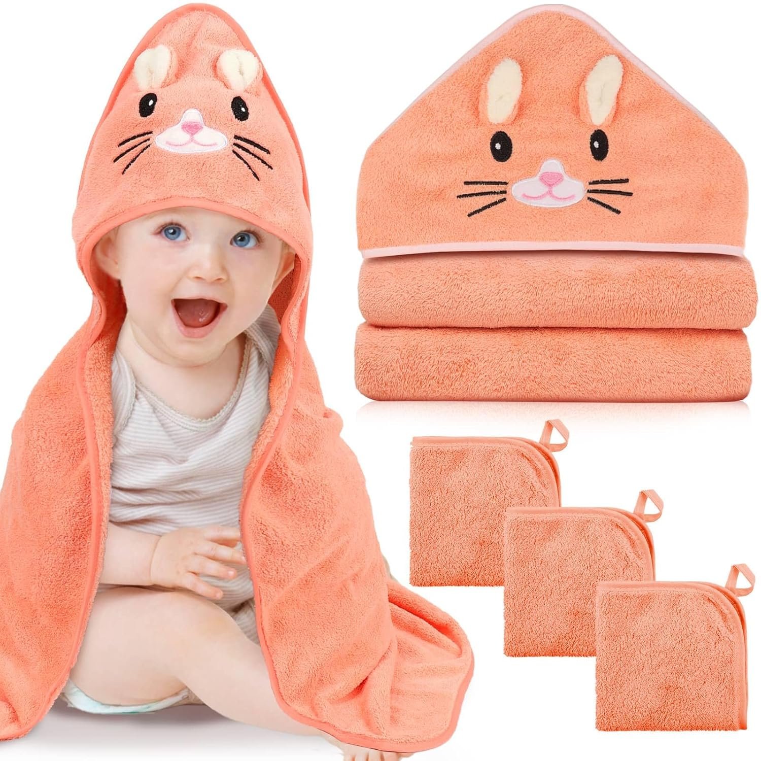 4 PCS Hooded Baby Towels, Soft Baby Towel, Absorbent Baby Bath Towel, Baby Towels and Baby Washcloths for Newborns, Toddlers, and Kids, 32×32 in Baby Towel with Hood for Boy and Girl (Orange Kitten)