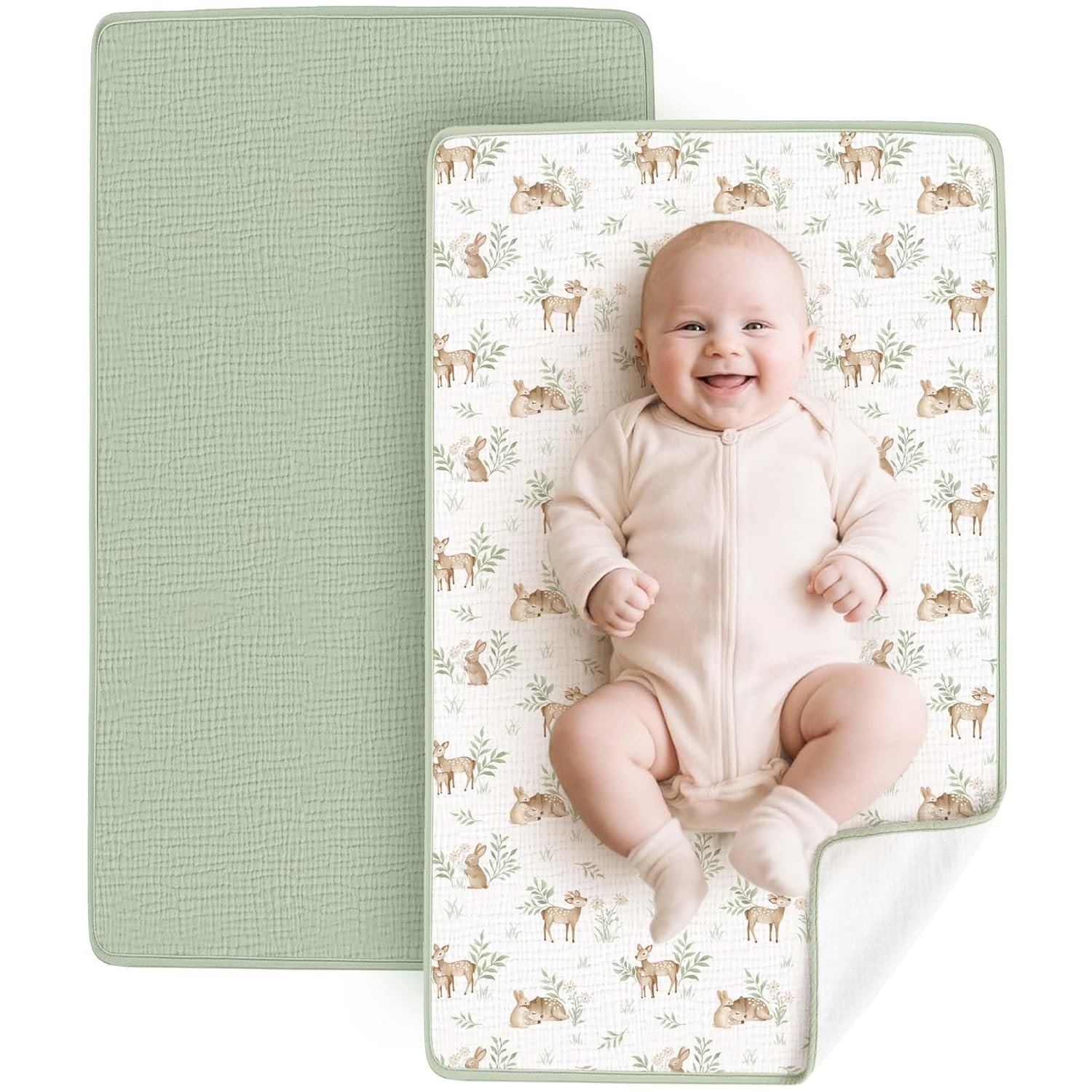 Konssy 2 Pack Waterproof Muslin Cotton Portable Changing Pad 30″x 17″, Soft & Foldable Baby Changing Mat Travel Pad with Terry Backing, Shower Gift for Newborn Girls Boys (Woodland,Sage)