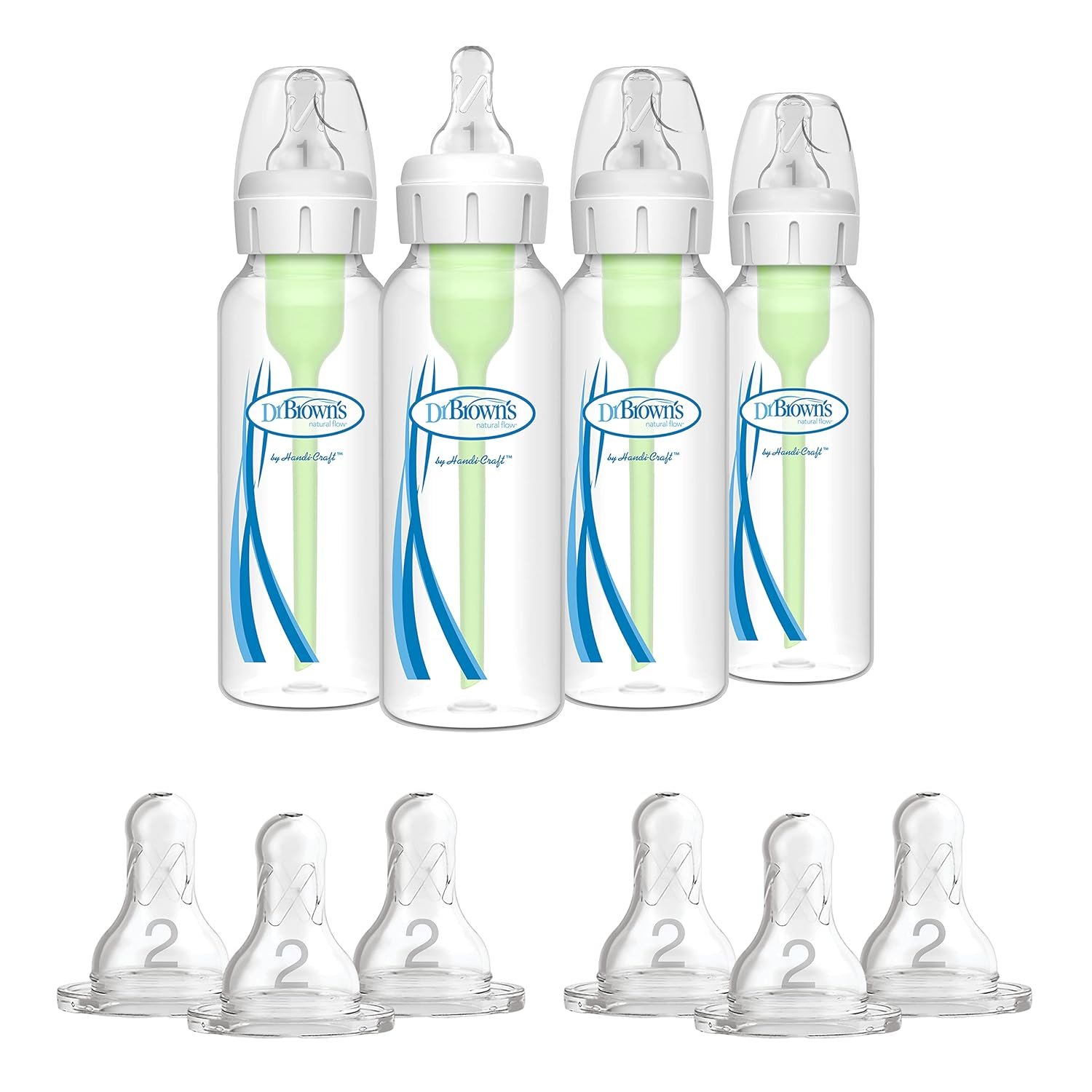 Dr. Brown’s Options+ Anti-Colic Baby Bottle – 8oz – 4 Pack and Dr. Brown’s Original Nipple, Level 2 (3m+), 6 Count