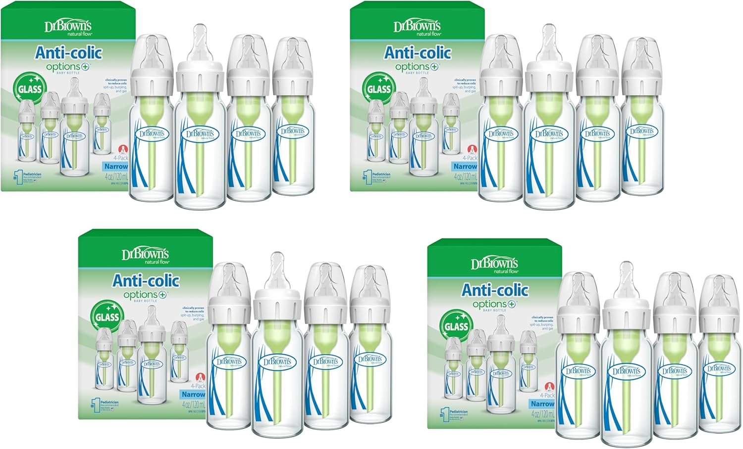 Dr. Brown’s Anti-Colic Options+ Narrow Glass Baby Bottle with Level 1 Slow Flow Nipple, BPA-Free, 4 oz/120mL, 16-Pack