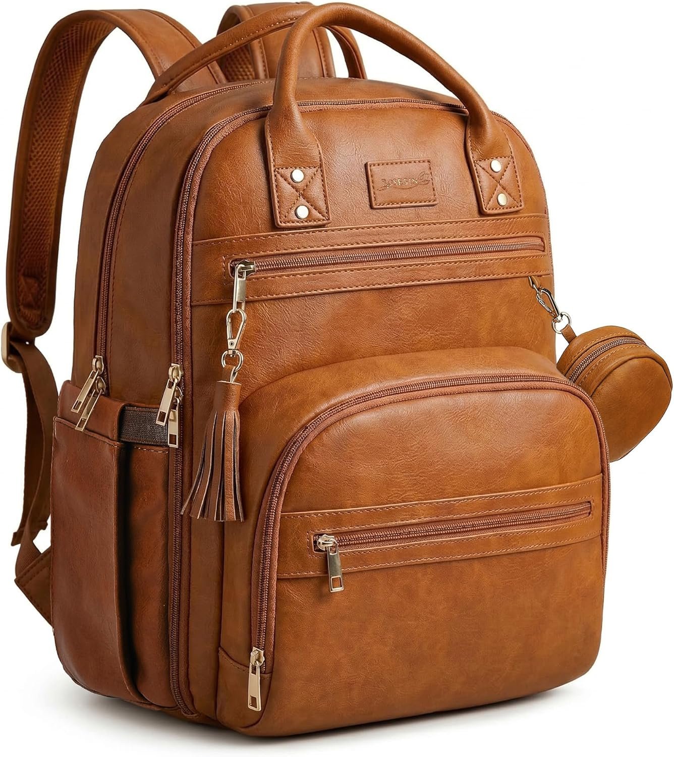 ROSEGIN Premium Vegan Leather Diaper Bag Backpack with Waterproof Changing Pad, Reinforced Zippers & Odor-Free, 20 Pockets Pro Organizer, Fits 15.6″ Laptop, Stroller Straps, Baby Bag for Mom, Brown