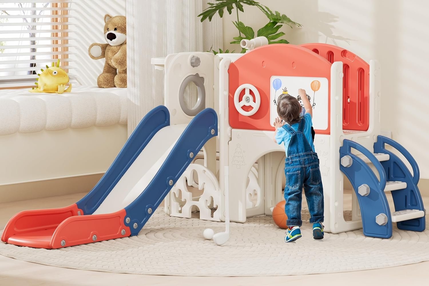67i 10 in 1 Toddler Slide Playset for 1-3 Years – 1-Hour Easy Assembly, Sturdy Compact Design, Indoor/Outdoor Playground with Drawing Board, Golf & Climbing Skill Development (Red Blue)