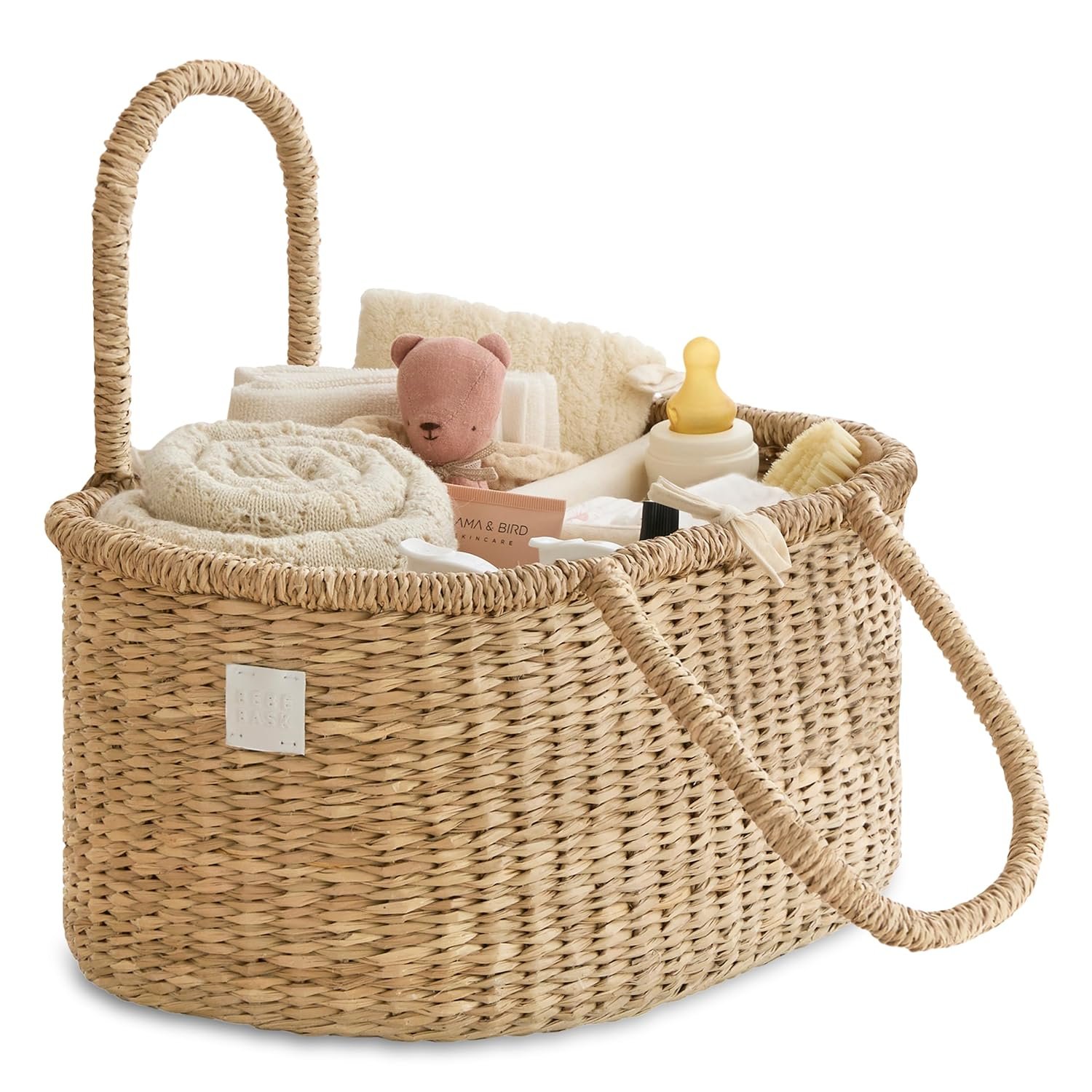 BEBE BASK Premium Baby Diaper Caddy Organizer – Artisan-Made Seagrass Basket With Cotton Divider – Award-Winning & Luxury Diaper Caddy Basket (ROSA)