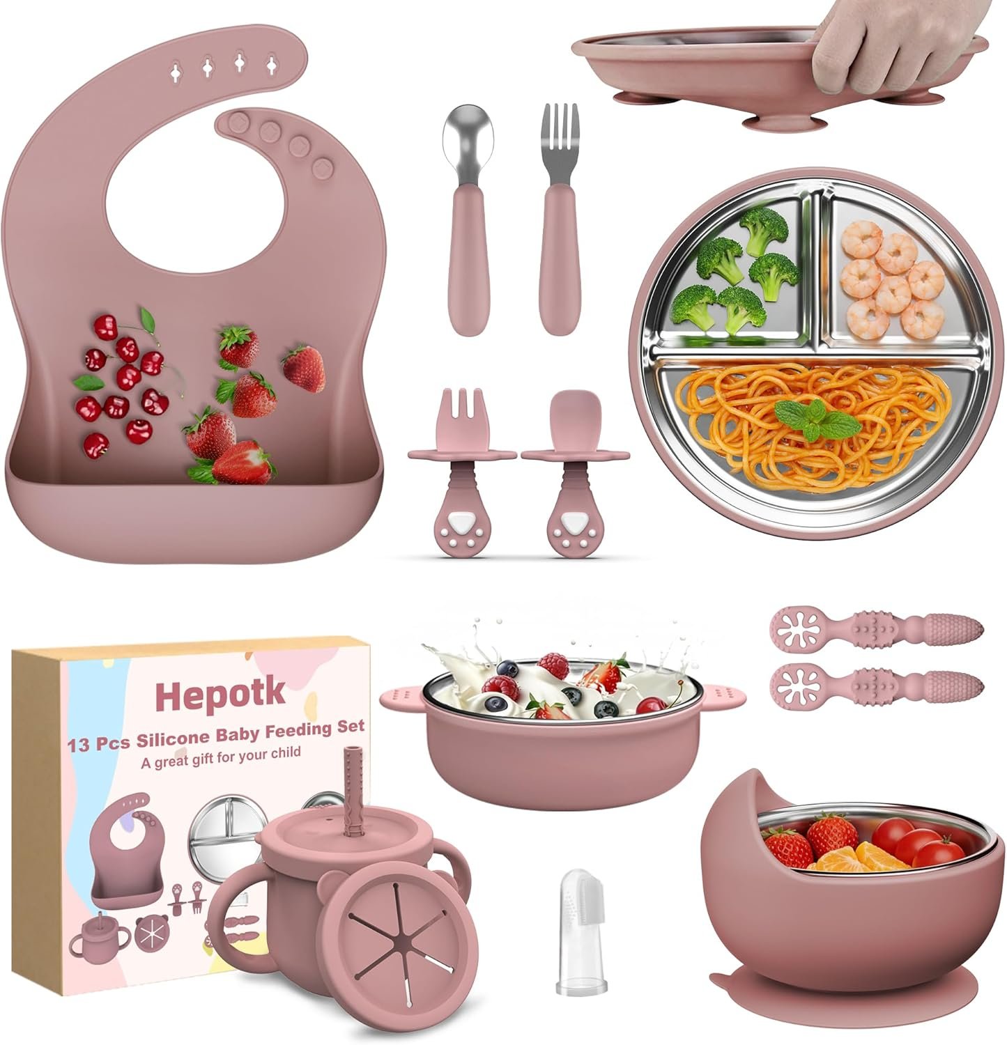 13 Pack Silicone Baby Feeding Set, BPA-Free Stainless Steel Toddler Feeding Supplies, Include Suction Plates, Baby Bowls, Silicone Fork & Spoon, and More, First Stage Baby Dish Set – 6+ Months