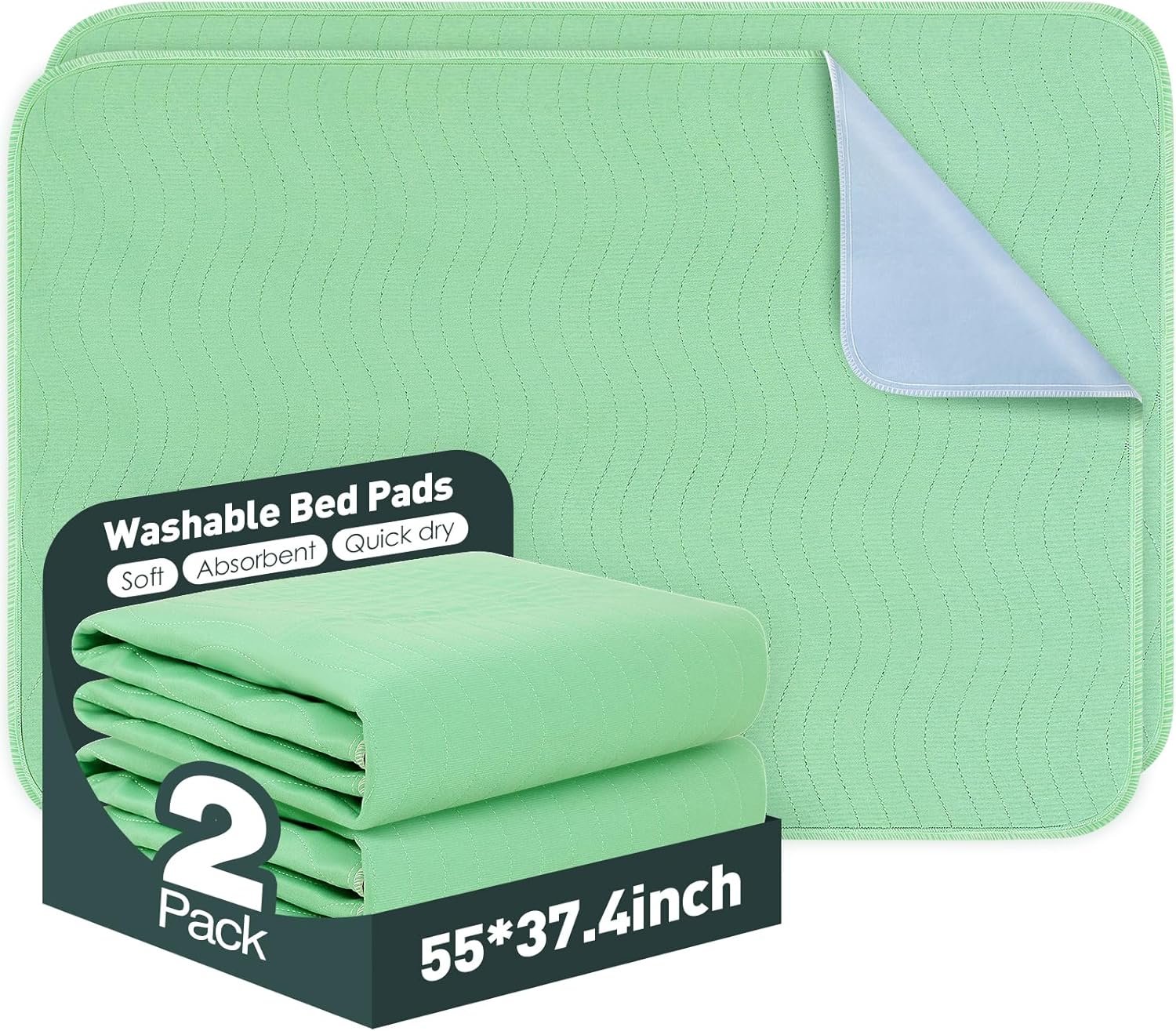 Bed Pads Washable Waterproof, 55″ x 37″ (2 Pack) Reusable Bed Underpads，Waterproof Mattress Protector Incontinence Bed Pads, Washable Pee Pads for Adult, Kid, Elderly, Dog and Pet