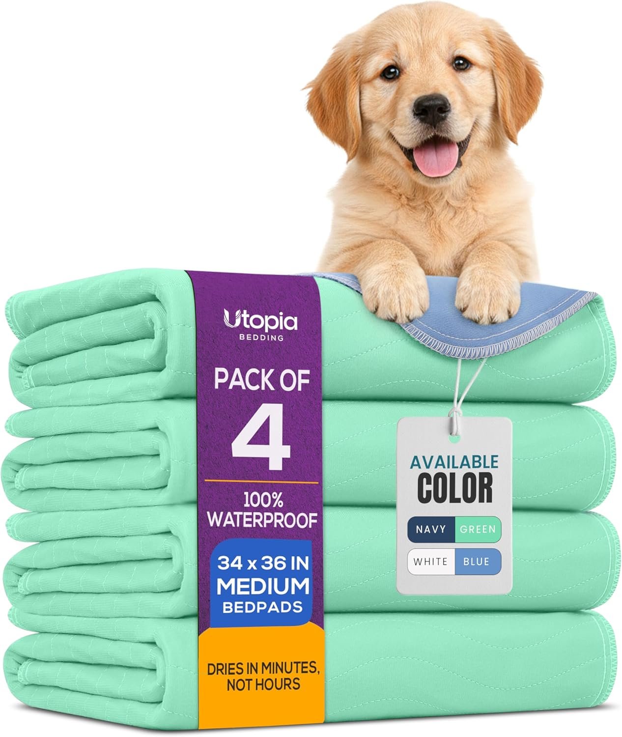 Utopia Bedding Washable Pee Pads for Dogs 34″ x 36″ (Pack of 4), Waterproof Incontinence Bed Pads for Adults, Elderly and Kids, Heavy Absorbency Pet Training Pads for Sofa and Couch (Green, Blue)
