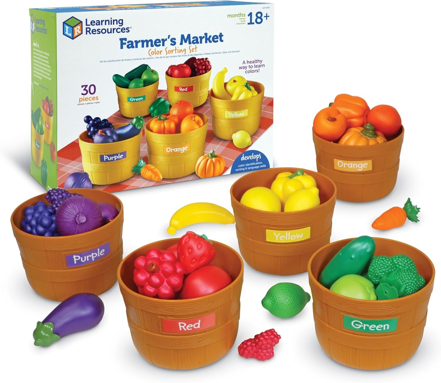 Learning Resources Farmer’s Market Color Sorting Set – Pretend Play Food Sets for Kids Kitchen, Color Sorting Toys, Plastic Fruit and Vegetable Toy for Kids Kitchen Set, Play Food for Toddlers 1-3