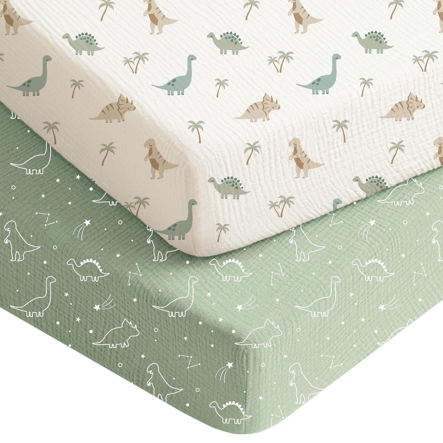 Konssy Muslin Crib Sheets for Boys, Soft Cotton Neutral Baby Sheets for Standard Crib Mattress 2 Pack, 52″x28″ (Dino Jungle,Sage Dino)