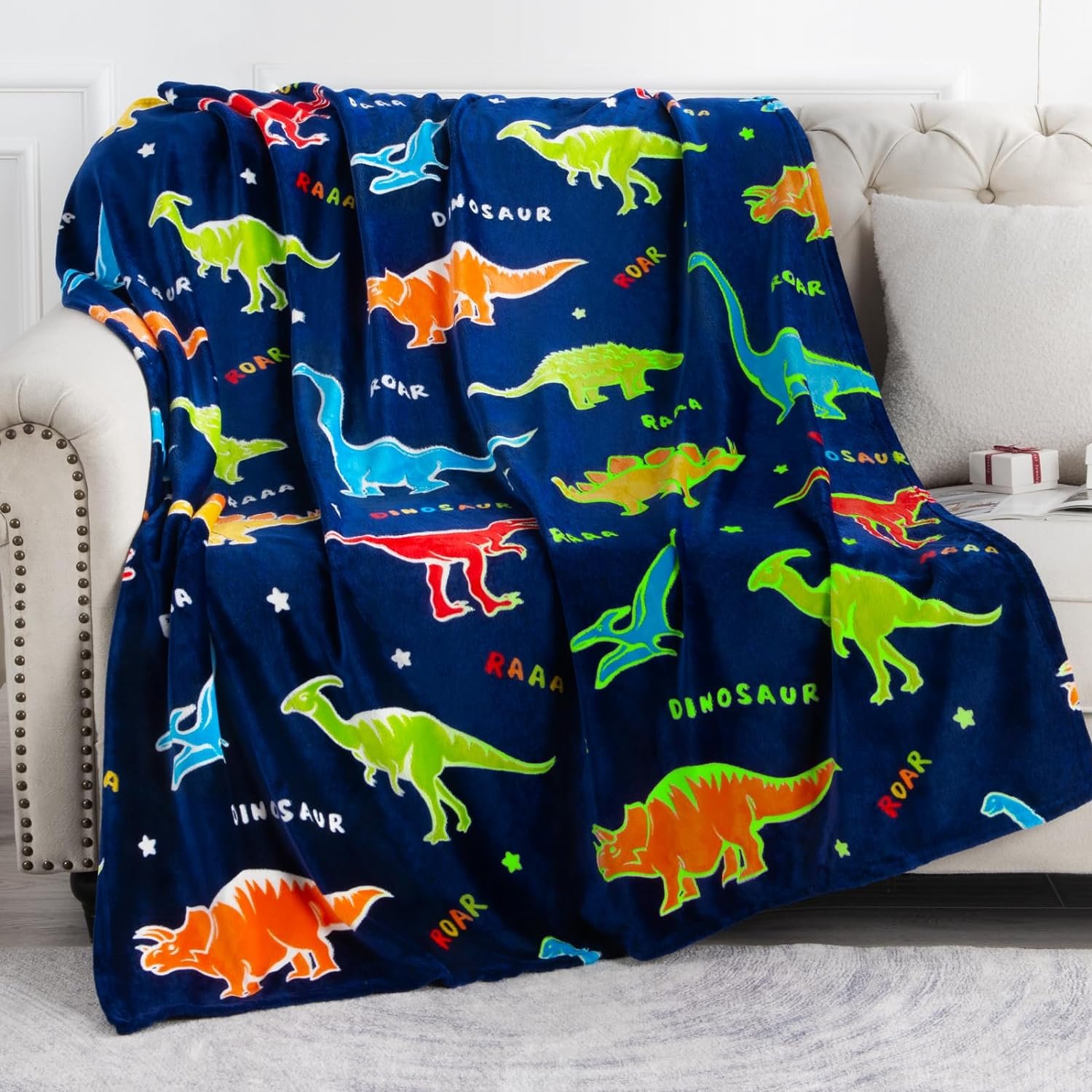 Dinosaur Gifts Toys for Boys Girls – Glow in The Dark Dino Blanket Best Christmas Birthday Valentines Easter Presents for Kids Age 1 2 3 4 5 6 7 8 9 10 Year Old Child Teen Toddler Soft Throw 50″x60″