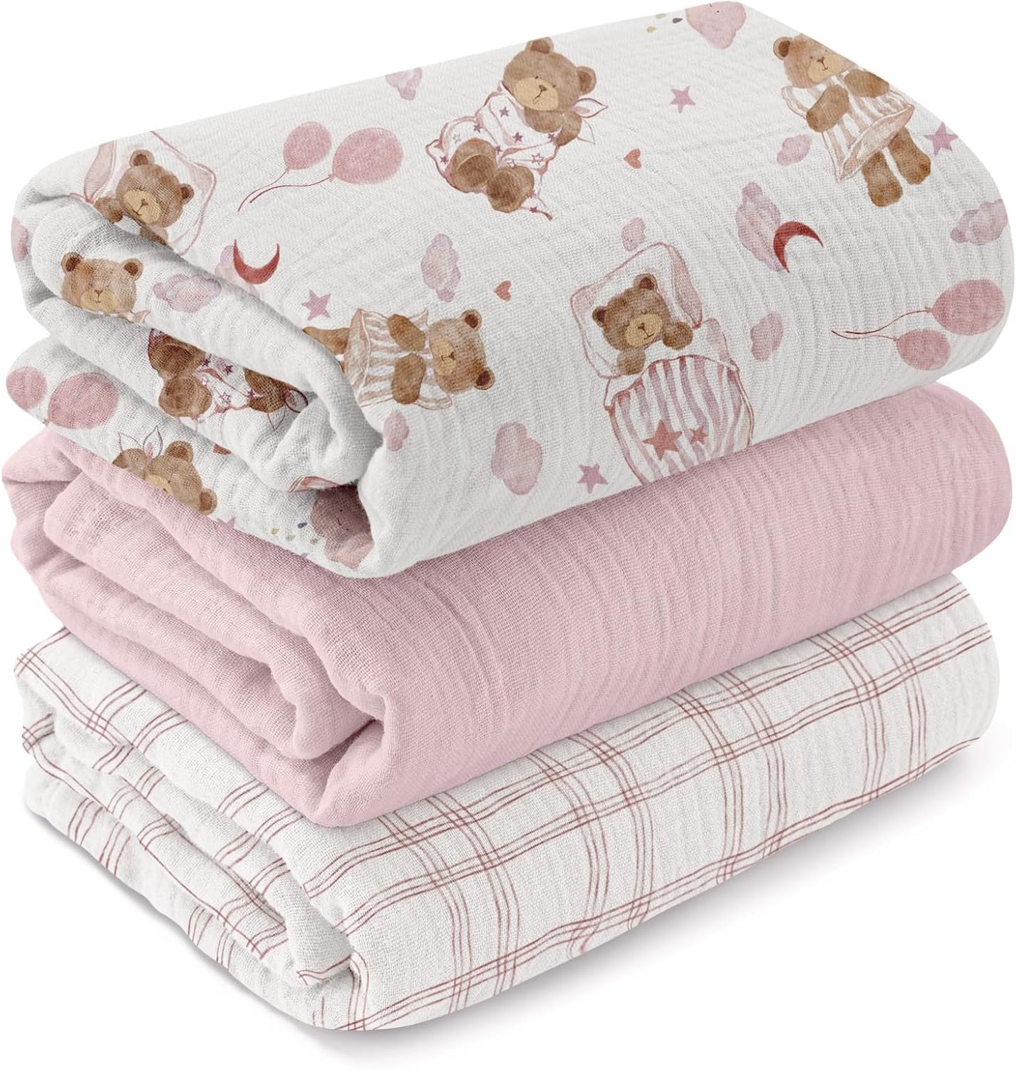 GLLQUEN BABY Muslin Swaddle Blankets,3-Pack Receiving Blankets for Newborn Boys and Girls,Baby Swaddle Blanket Unisex,Little Bear,Baby Essentials, Registry & Gift, 40 x 38 inches