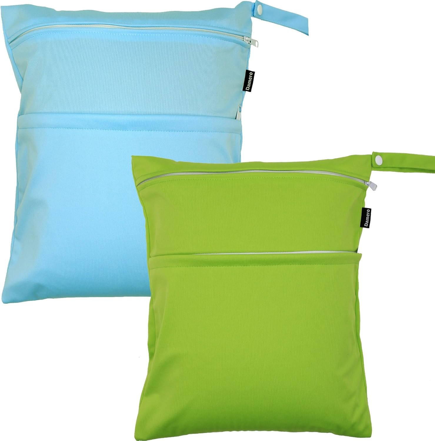 Damero 2 Pack Travel Wet Dry Bag Organizer with 2 Pockets and Handle for Cloth Diaper, Baby Clothes, Pumping Parts, Swimsuit and More, Cute and Spacious, Easy to Grab and GO(Medium, Green+Light Blue)