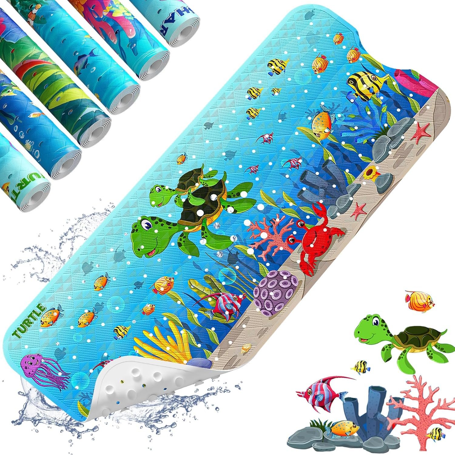 XIYUNTE Baby Bath Mat for Tub Non Slip Kids Bath Mat – 40”x16” Extra Long Cartoon Bathtub Mat Non Slip Kids Shower Mat Eco-Friendly Toddler Bath Mats with Suction Cups, Machine Washable, Sea Turtle