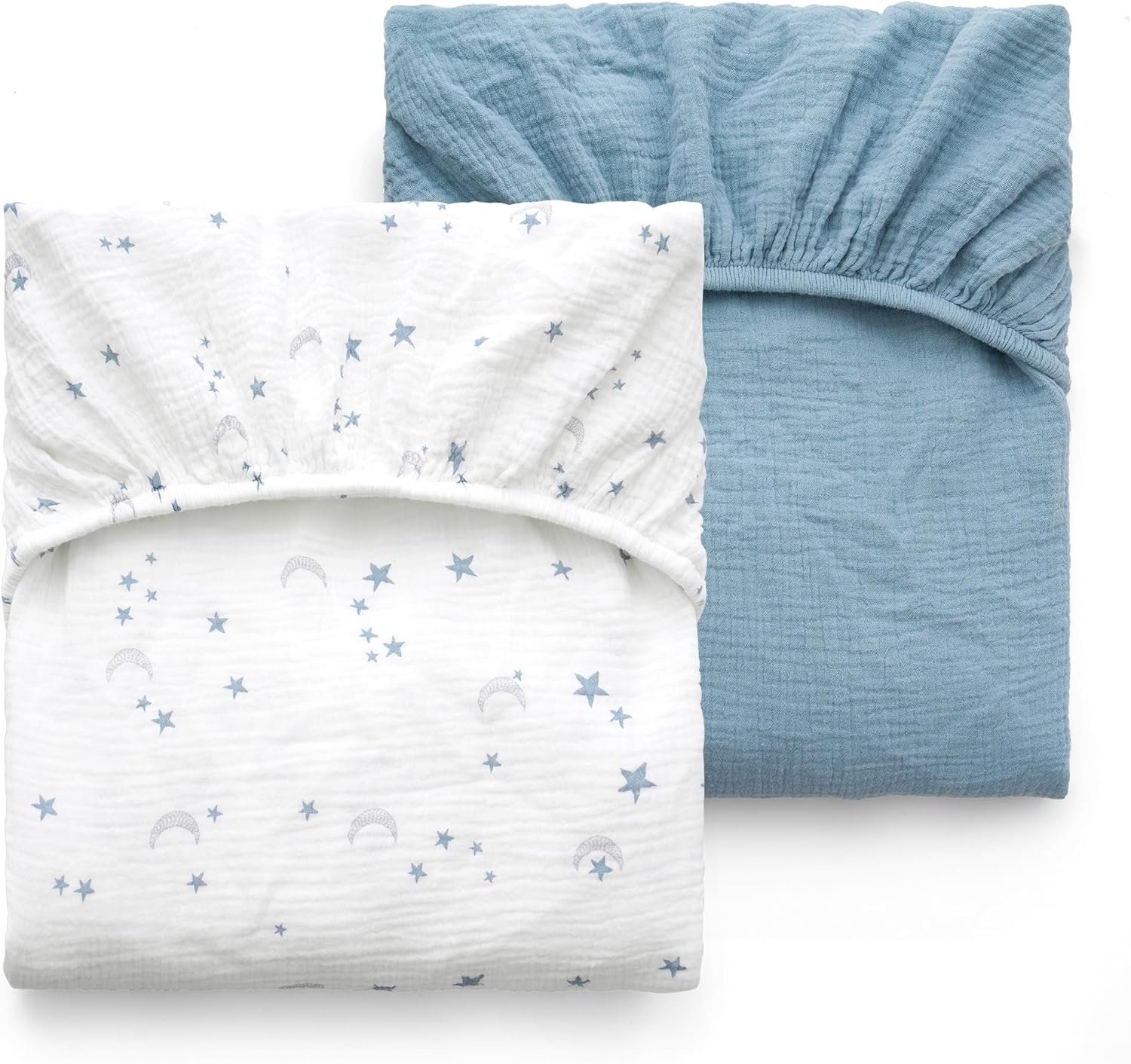 Momcozy Muslin Standard Fitted Crib Sheets, 52″x28″, 2 Pack Soft Breathable Natural Cotton Baby Mattress Sheet, 360° Mattress Wrapping No Slip Boys Girls Neutral Toddler Bed Sheet, Blue Star Moon