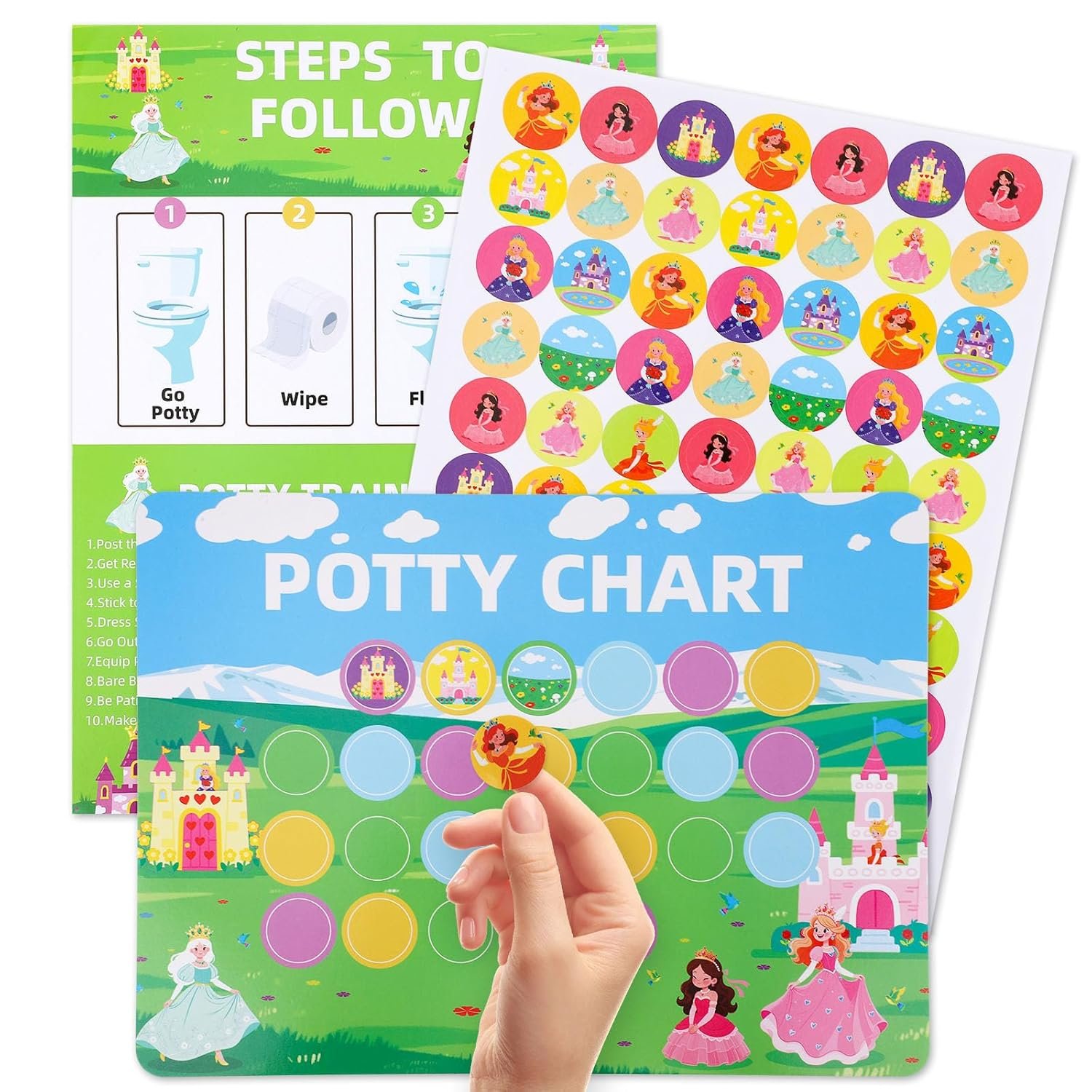 Potty Training Chart Set, Adorable Potty Training Chart with Reward Stickers and Instruction Paper Suitable for Girls Toddlers Kids (Princess Style)