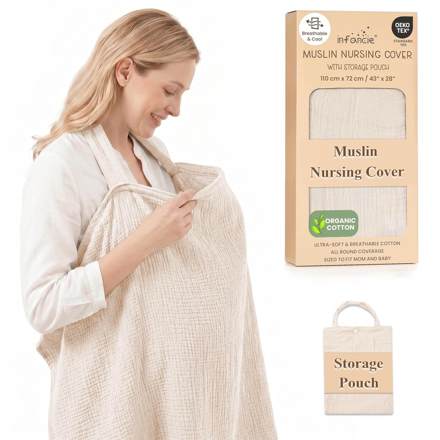 100% Organic Cotton Nursing Cover & Shawl – 43 x 28 Inch Breathable Muslin Breastfeeding Nursing Apron Cover with Arch Neckline for Mothers, Multi-use Carseat Canopy (Ivory)