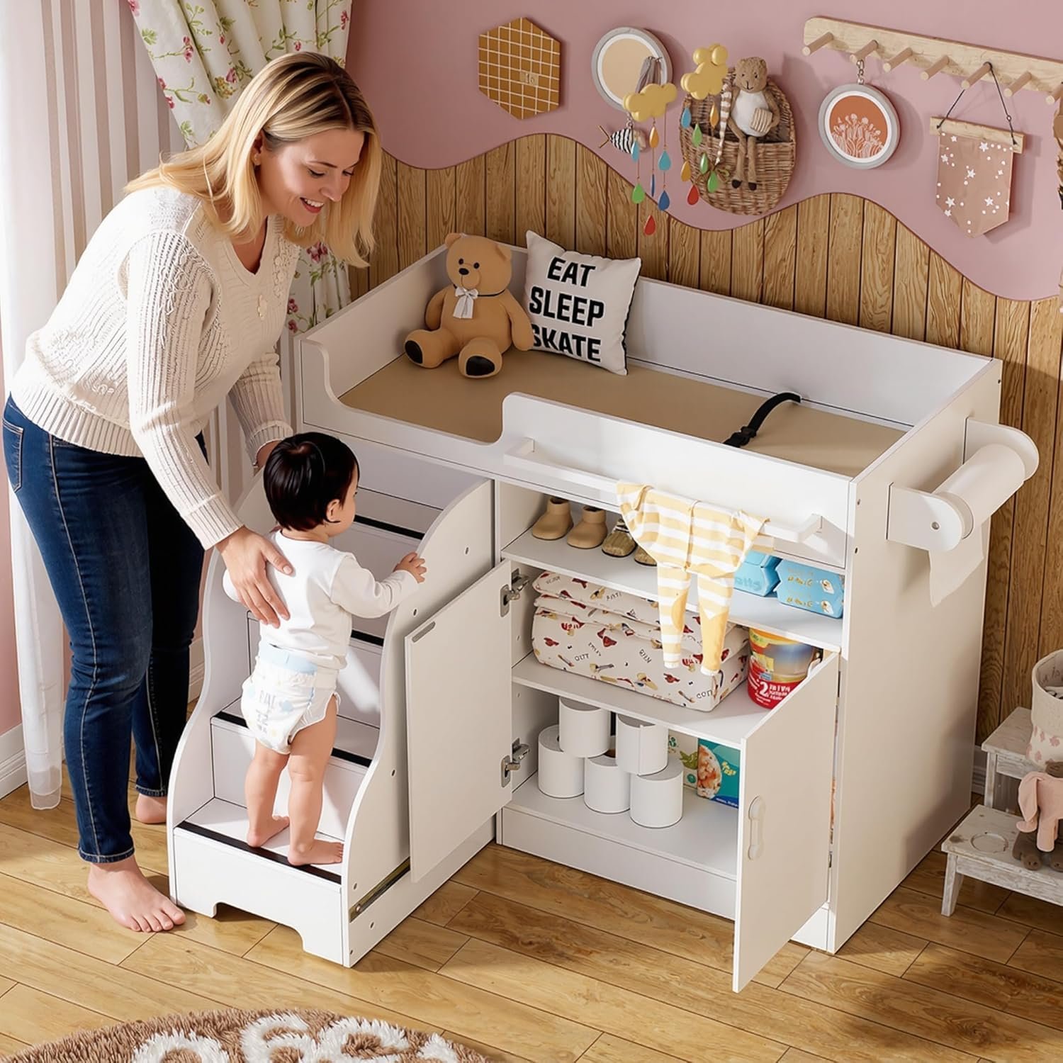 PAKASEPT Baby Changing Table with Stairs & Storage, Nursery Dresser Modern Diaper Changing Station, Dresser for Nursery with Adjustable Shelves, Storage Crib with Changing Table