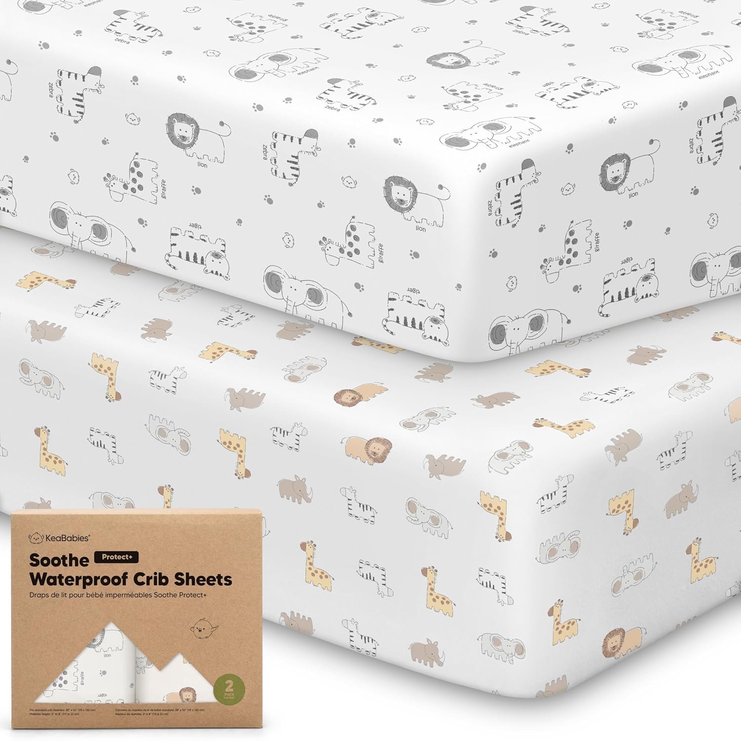 2-Pack Waterproof Crib Sheets for Boys, Girls – 52×28 Fitted Organic Cotton Baby Crib Sheets, Toddler Mattress Protector Cover, Washable, Soft & Durable Baby Bedding Essentials (KeaSafari)