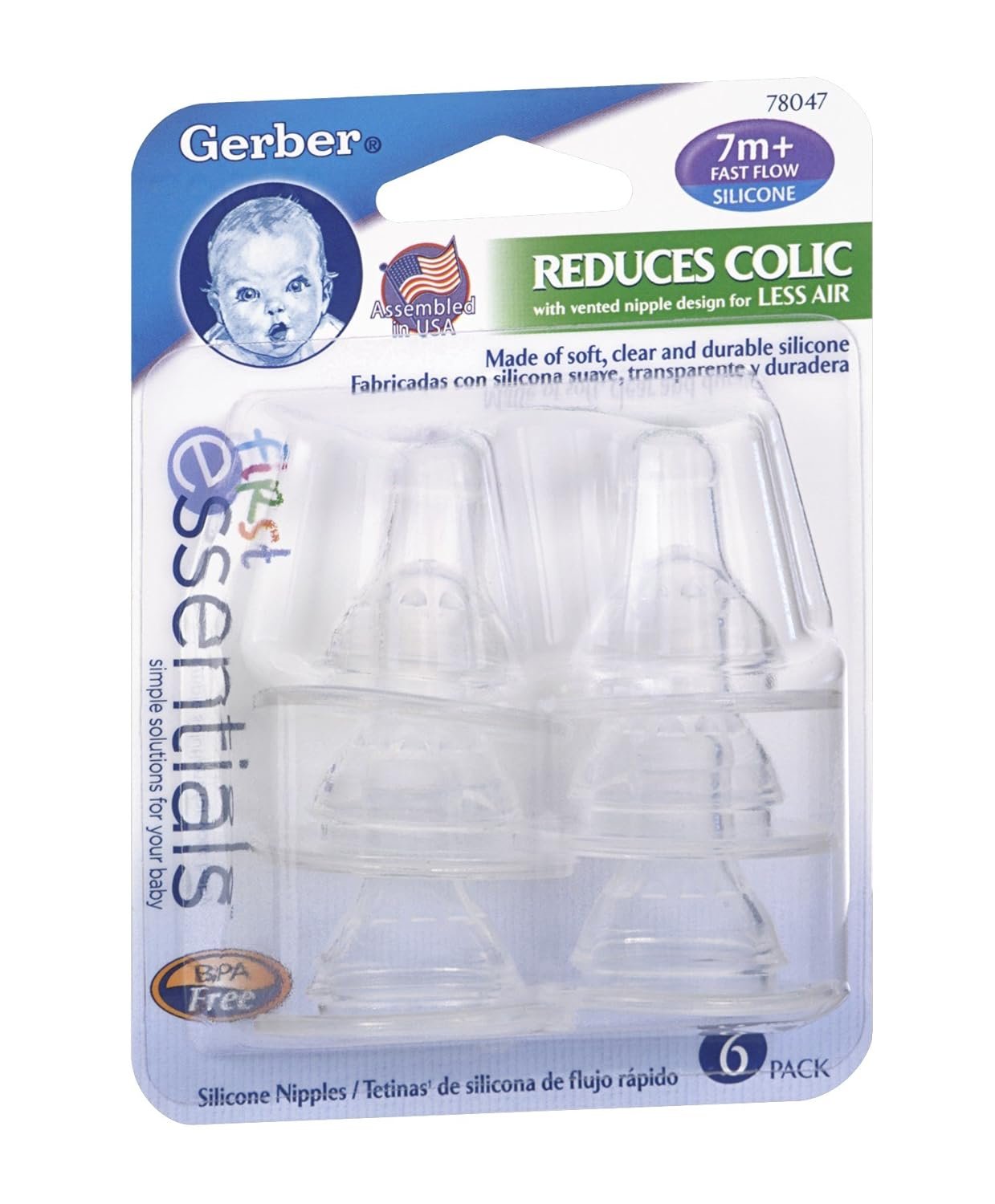 Gerber First Essential Silicone Nipples, Fast Flow, 6 Count (Pack of 1)