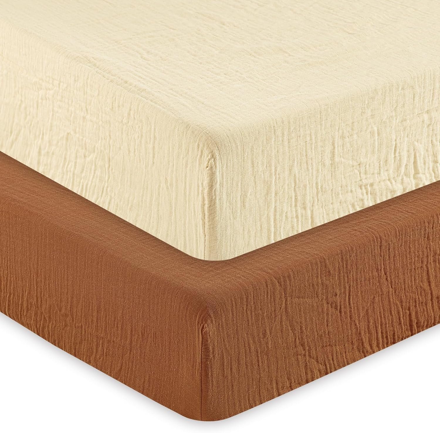 david’s kids Muslin Crib Sheets for Boys Girls, 2 Pack 100% Cotton Soft Breathable Fitted Baby Sheet Set, 28×52 Inch Fits Standard Crib and Toddler Mattresses, Beige & Brown