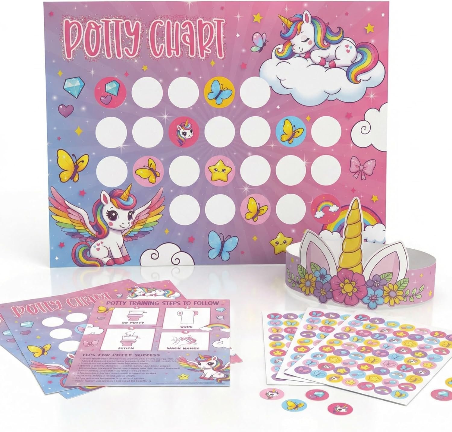 ZICOTO Fun Potty Training Chart with Stickers for Girls – Motivating Unicorn Rewards System with Stickers for Toddler Potty Training – Easy to Use Potty Training Poster That Kids Love