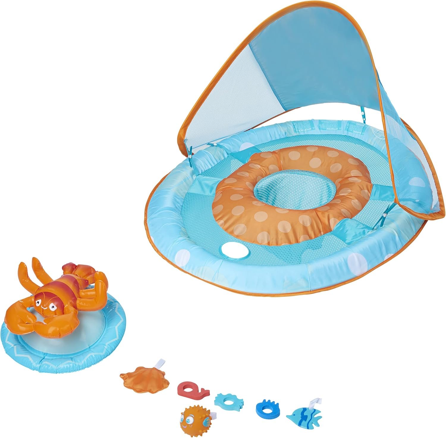 SwimWays Baby Spring Float Activity Center with Canopy – Blue/Orange Lobster