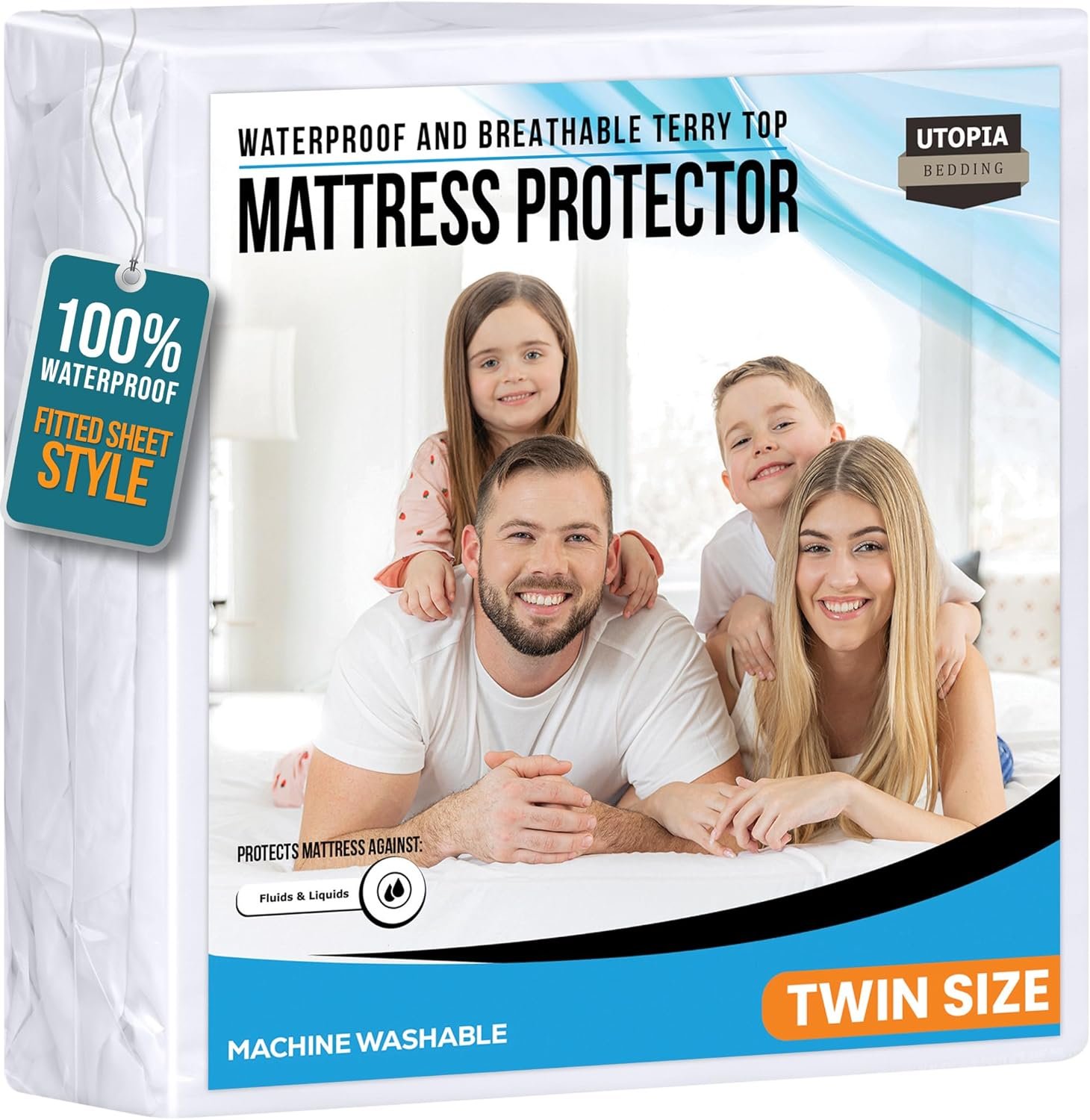 Twin Size Mattress Protector Waterproof, Premium 200 GSM Terry Mattress Cover, Soft & Breathable Bed Cover, Fitted Sheet Style Stretchable Deep Pockets 15″ by Utopia Bedding (White)