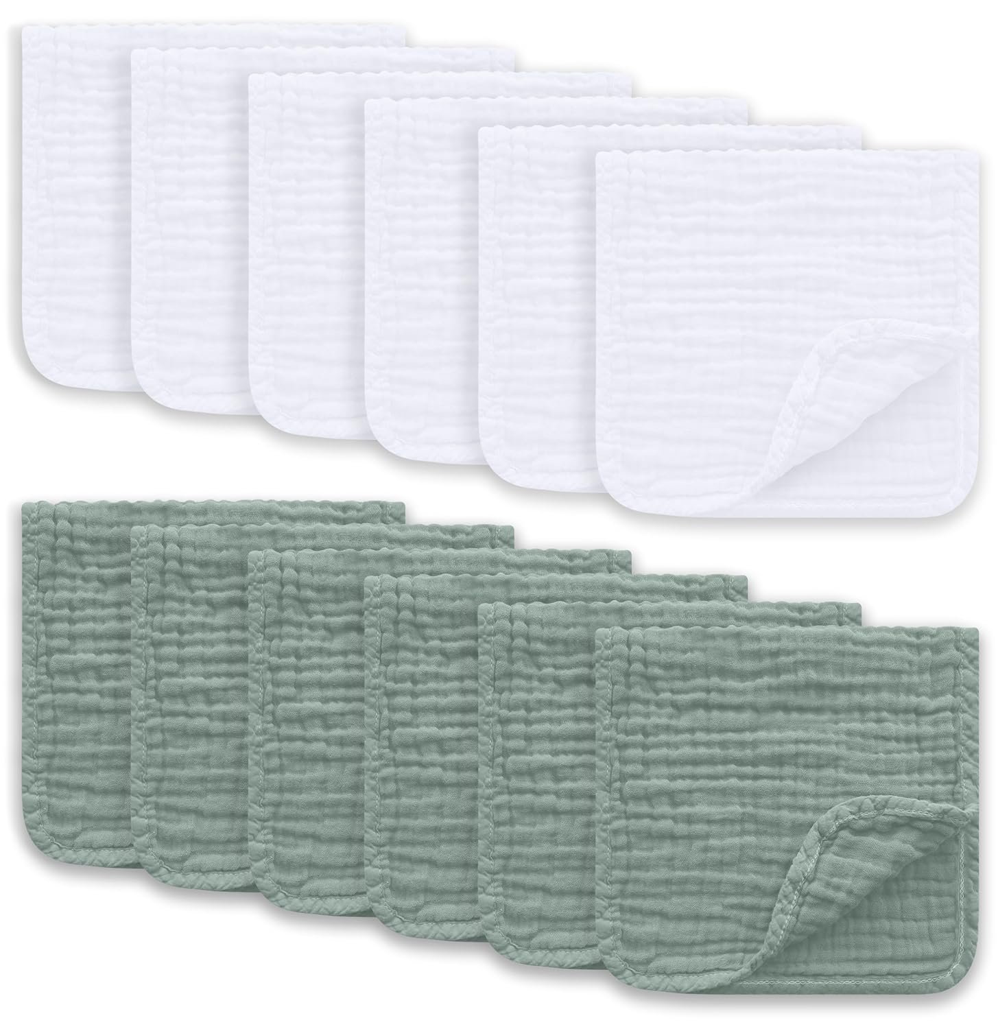 Ease Cubs Muslin Burp Cloths Large 100% Cotton Hand Washcloths for Boys & Girls, Baby Essentials Extra Absorbent and Soft Burping Rags for Newborn Registry (White & Green, 12-Pack, 20″ X10″)