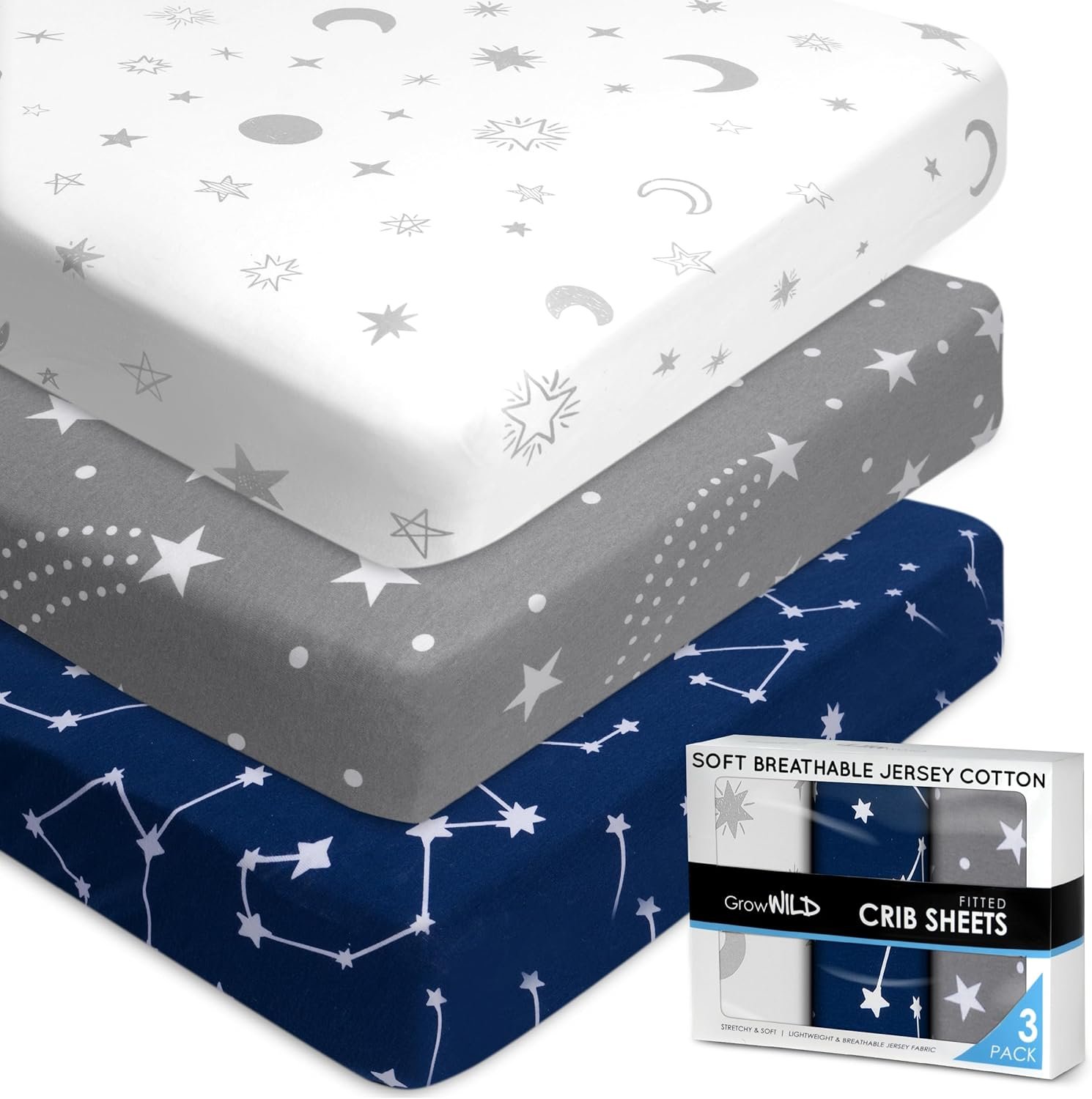 Fitted Unisex Crib Sheets (3 Pack) by GROW WILD – Jersey Knit Cotton Crib Sheets for Boys or Girls, 52” x 28” x 9” Crib Bedding Set (Moon, Stars and Constellation)