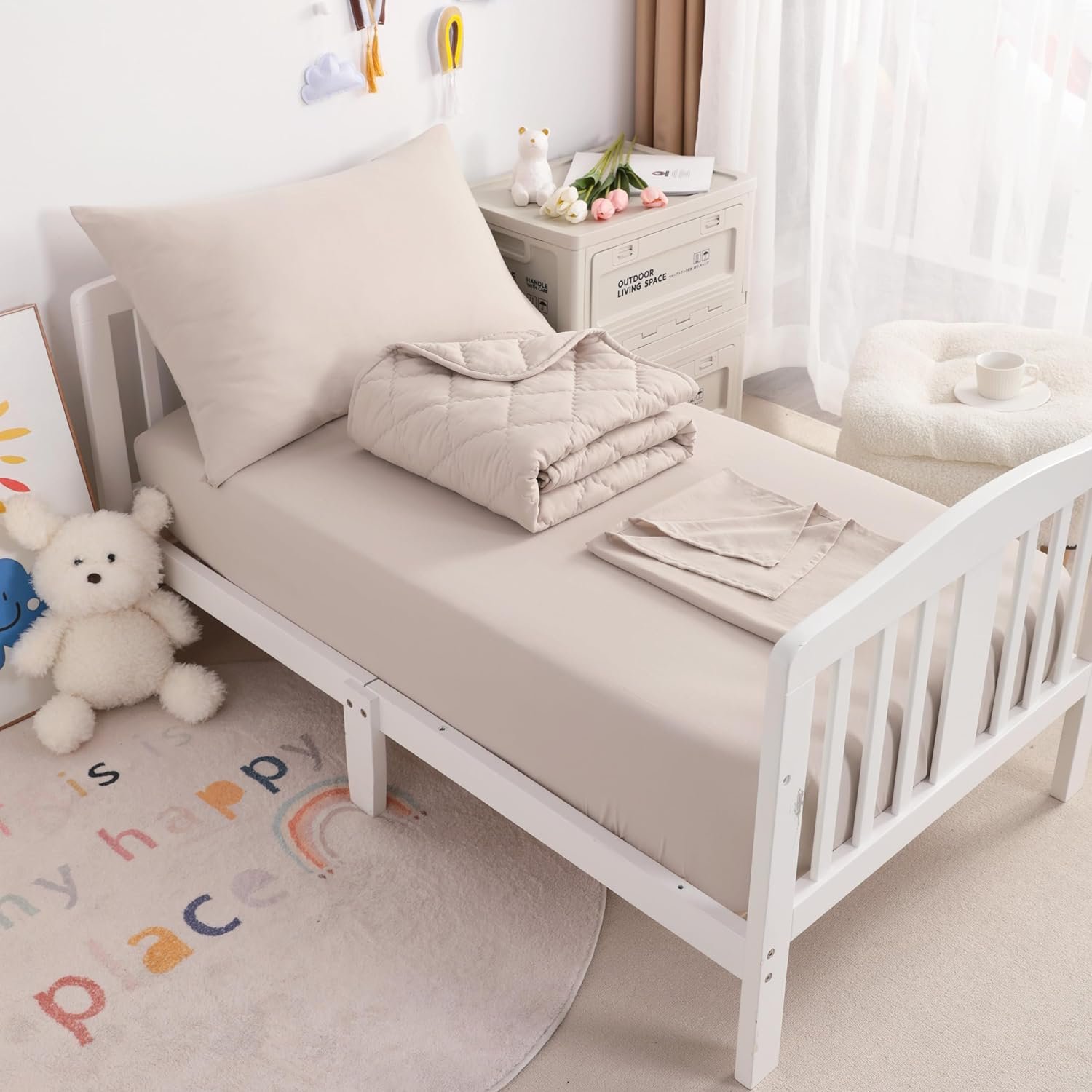 NTBAY Toddler Bedding Set – 4 Piece Soft and Breathable Crib Bedding Set for Boys and Girls, Includes Quilted Comforter, Fitted Sheet, Flat Top Sheet and Envelope Pillowcase, Taupe