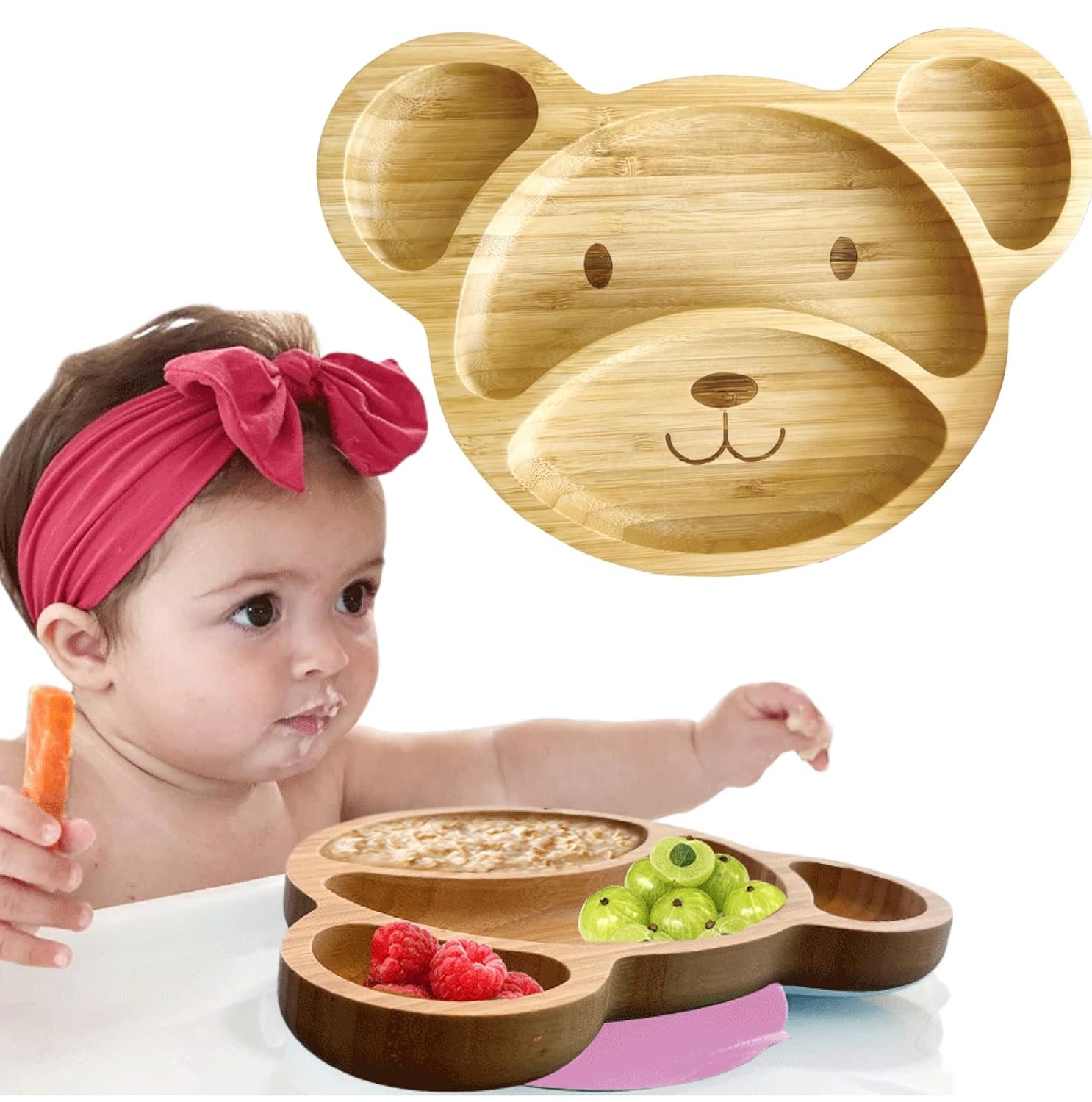 Bamboo Plates for Kids – Baby & Toddler Plates with Suction for Feeding & Weaning, Eco-Friendly Bear Design Promotes Self-Feeding, Ideal for Busy Moms & Dads, Sturdy & BPA-Free (Pink)